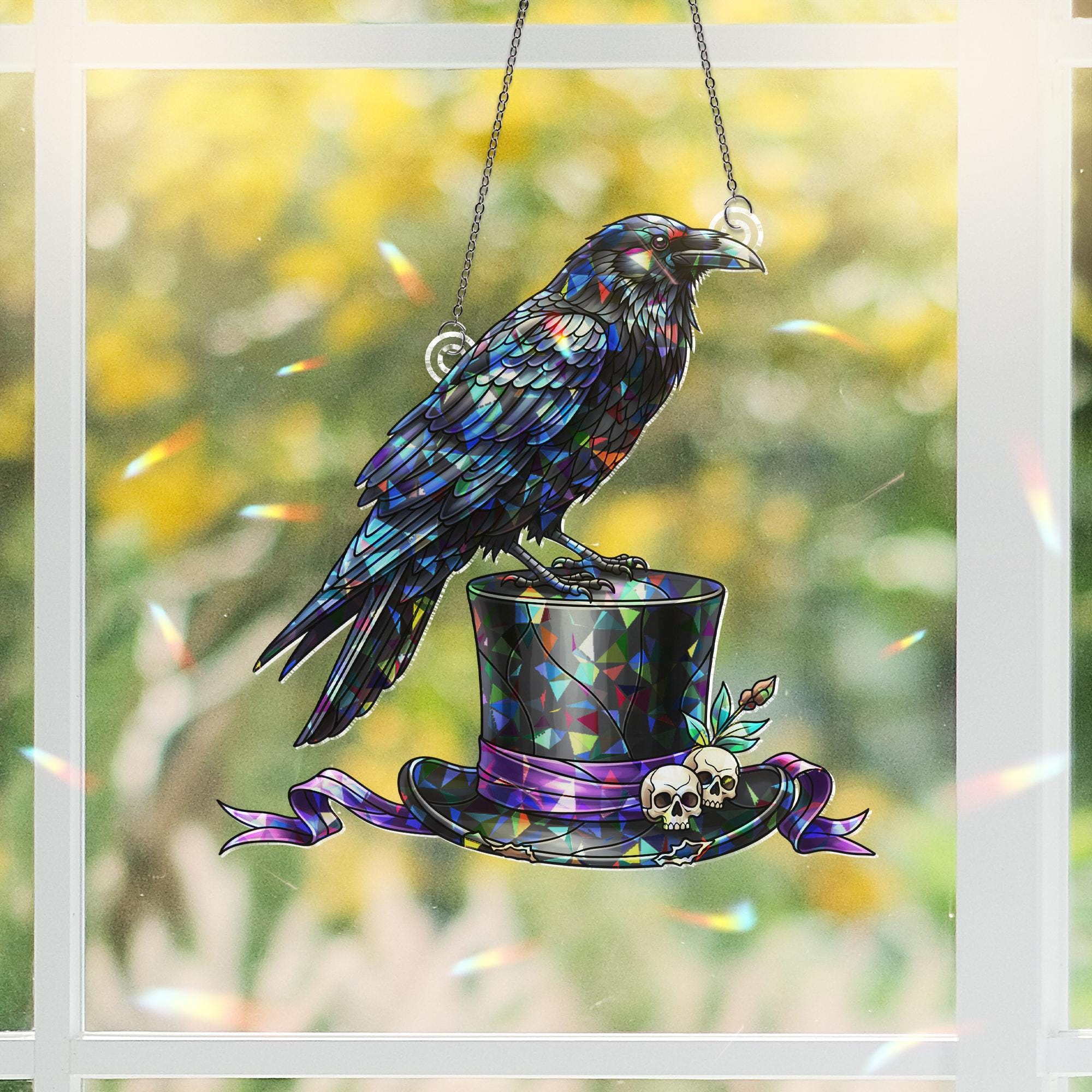 Raven Stained Glass Suncatcher – Gothic Crow Top Hat Halloween Window Decor