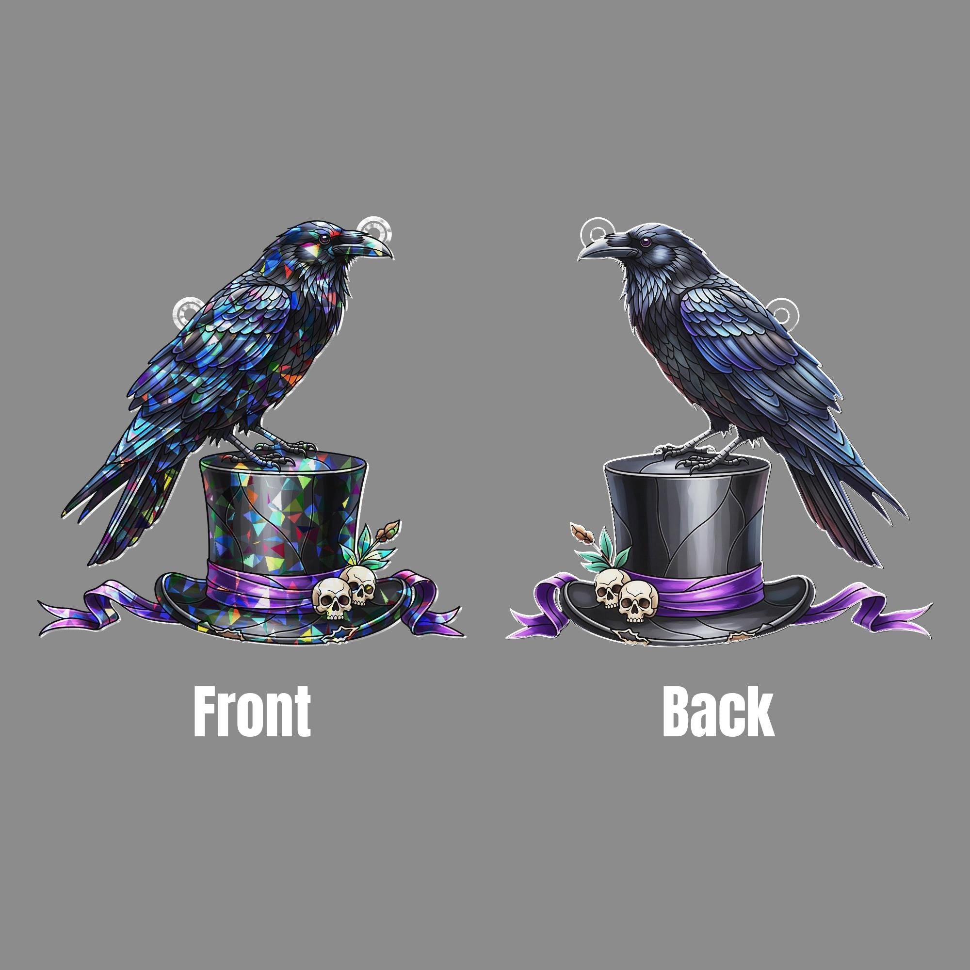 Raven Stained Glass Suncatcher – Gothic Crow Top Hat Halloween Window Decor