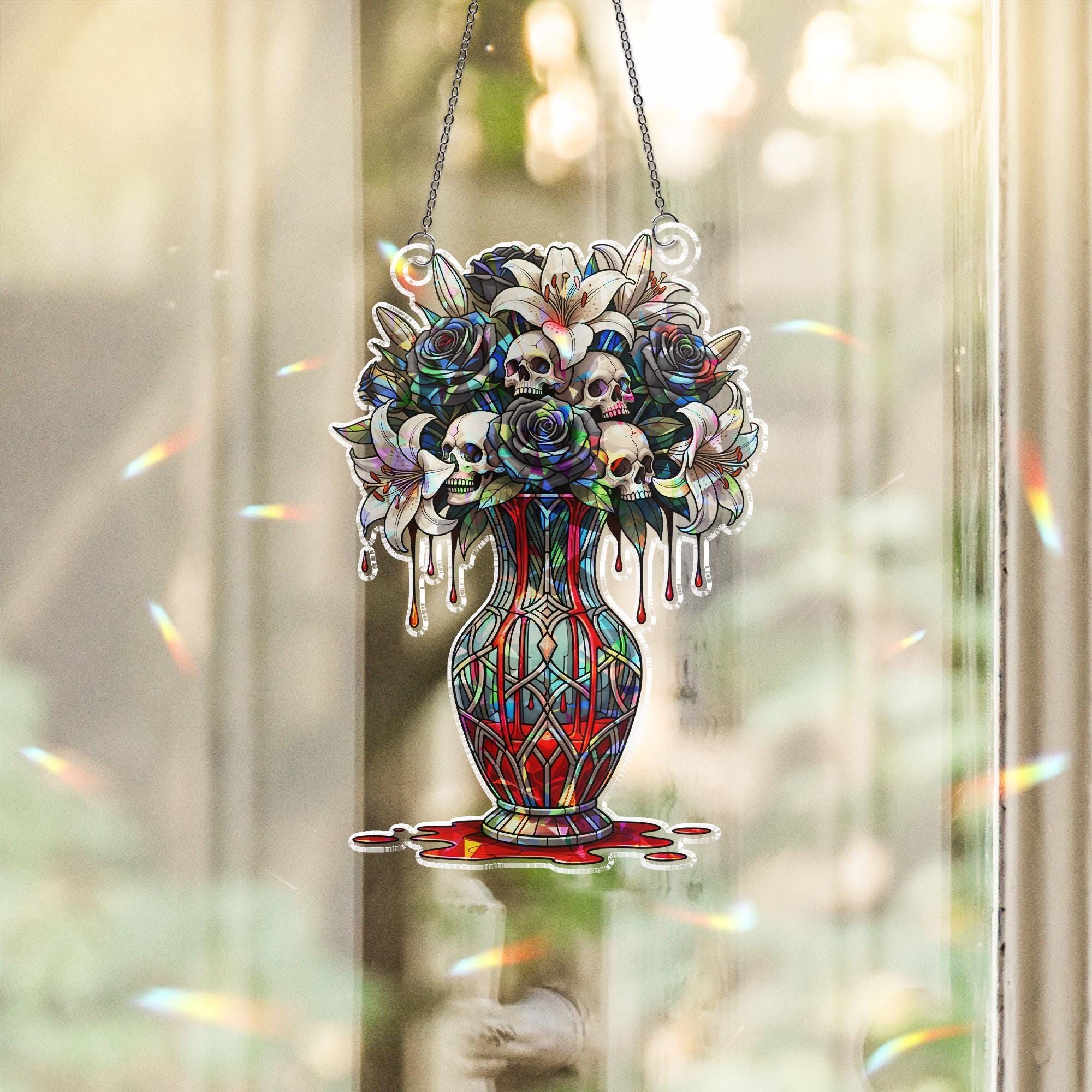 Gothic Skull Flower Vase Suncatcher – Dark Floral Stained Glass Window Decor