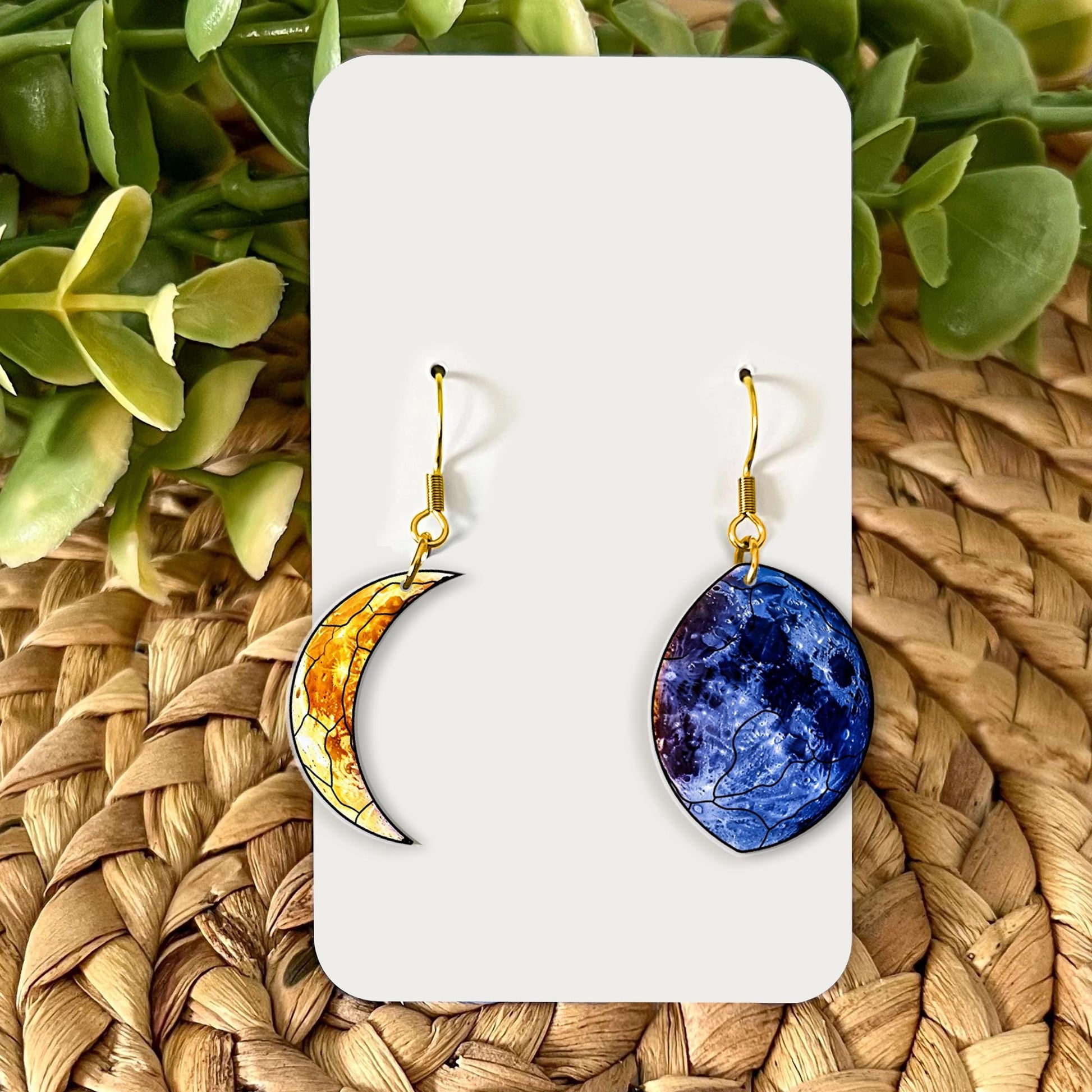 Moon Phase Earrings - Asymmetrical Celestial Drop Earrings, Faux Glass Lunar Jewelry for Space Lover, Witchy Boho Starry Night Gift