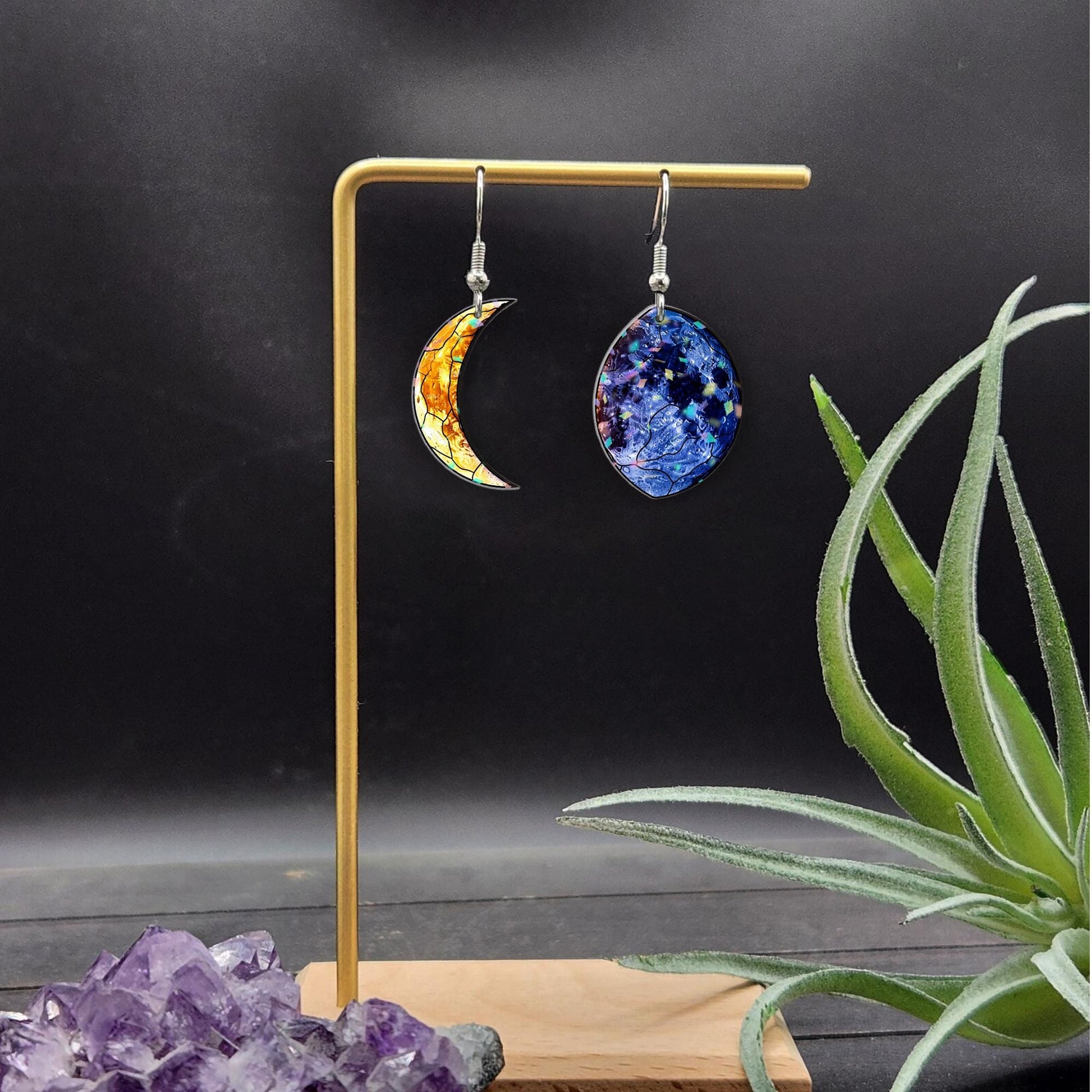 Moon Phase Earrings - Asymmetrical Celestial Drop Earrings, Faux Glass Lunar Jewelry for Space Lover, Witchy Boho Starry Night Gift