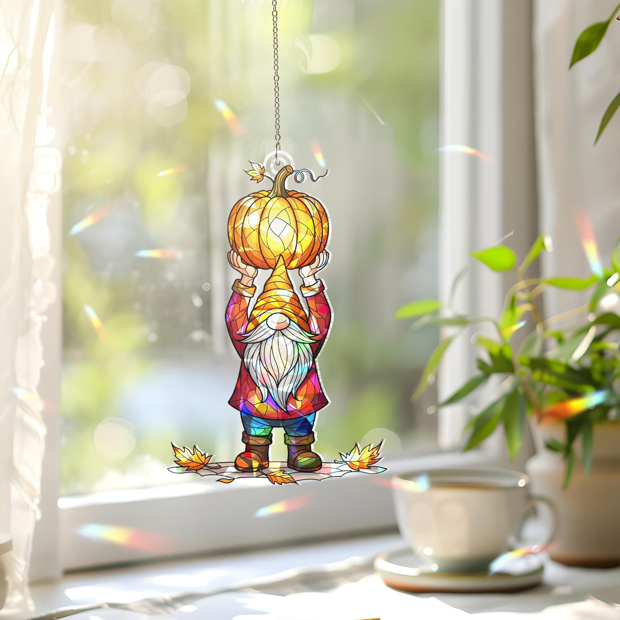Pumpkin Gnome Stained Glass Suncatcher – Fall Autumn Window Decor Gift