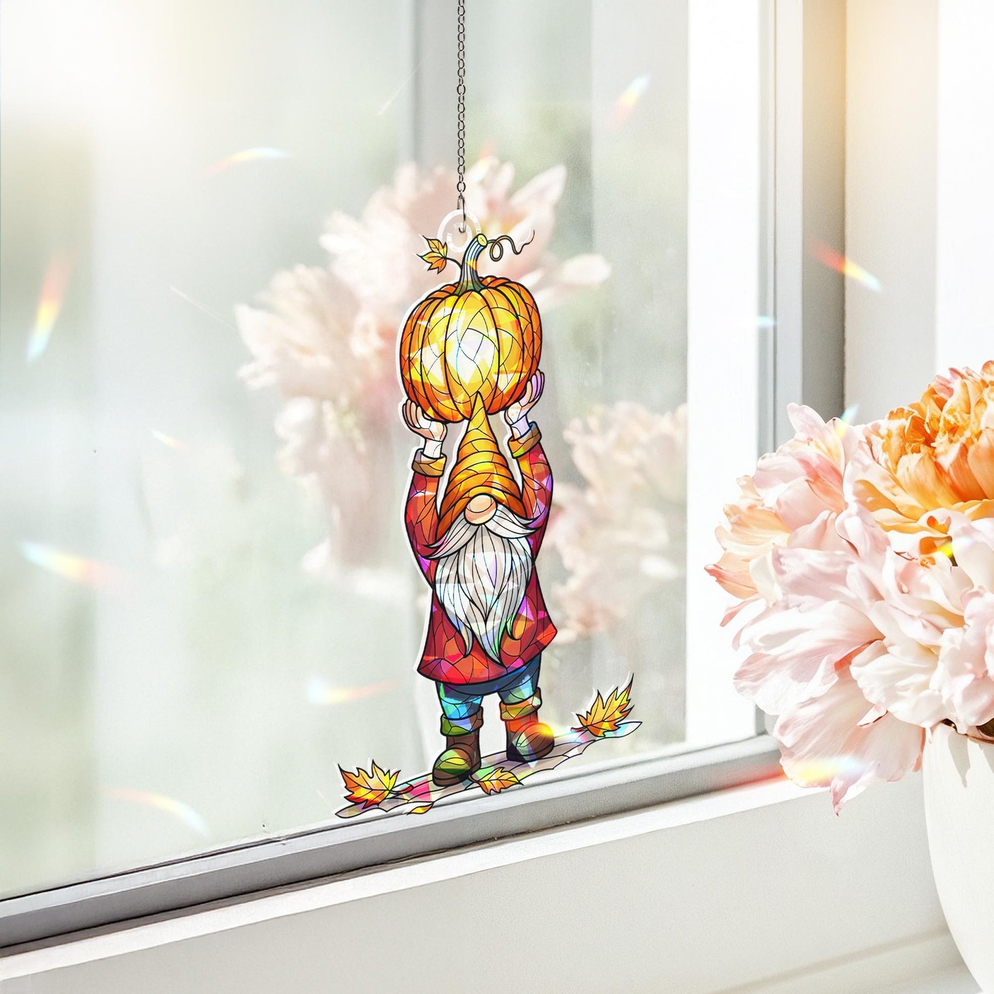 Pumpkin Gnome Stained Glass Suncatcher – Fall Autumn Window Decor Gift