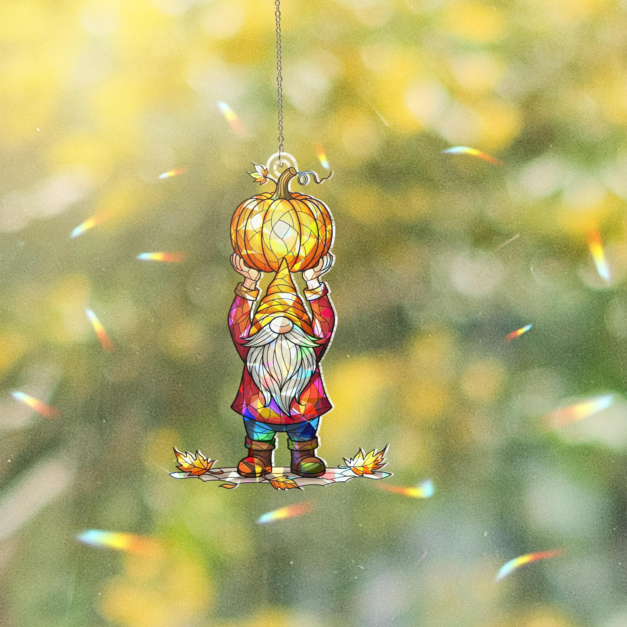 Pumpkin Gnome Stained Glass Suncatcher – Fall Autumn Window Decor Gift