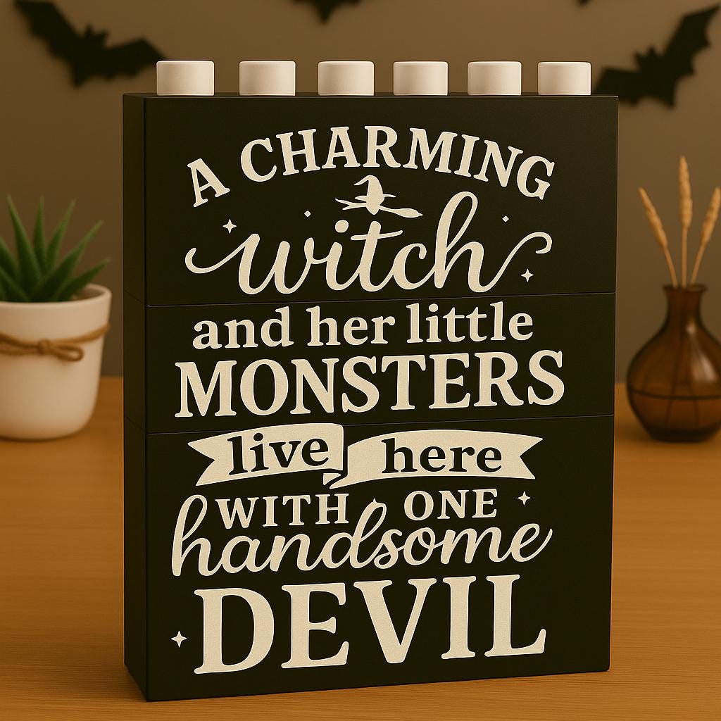 Charming Witch Halloween building Block Decor, Stacked Fall Sign with Quote, Funny Family Autumn Display, Spooky Season Table Accent