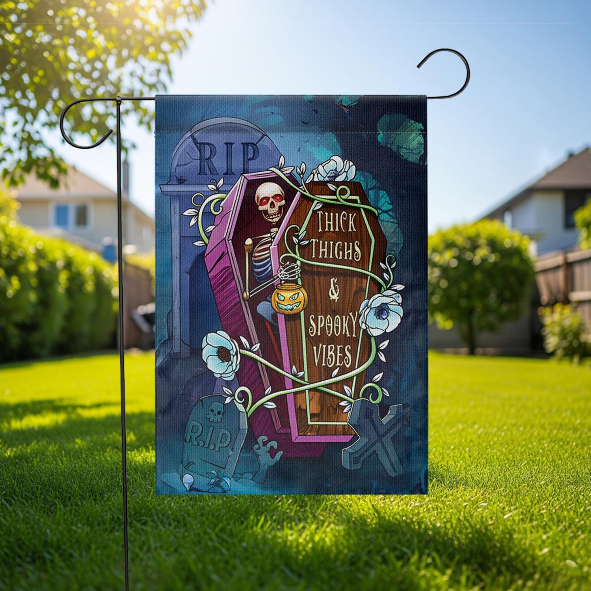 Funny Halloween Garden Flag - Thick Thighs Spooky Vibes Skeleton Yard Decor - Cute Halloween Outdoor Sign