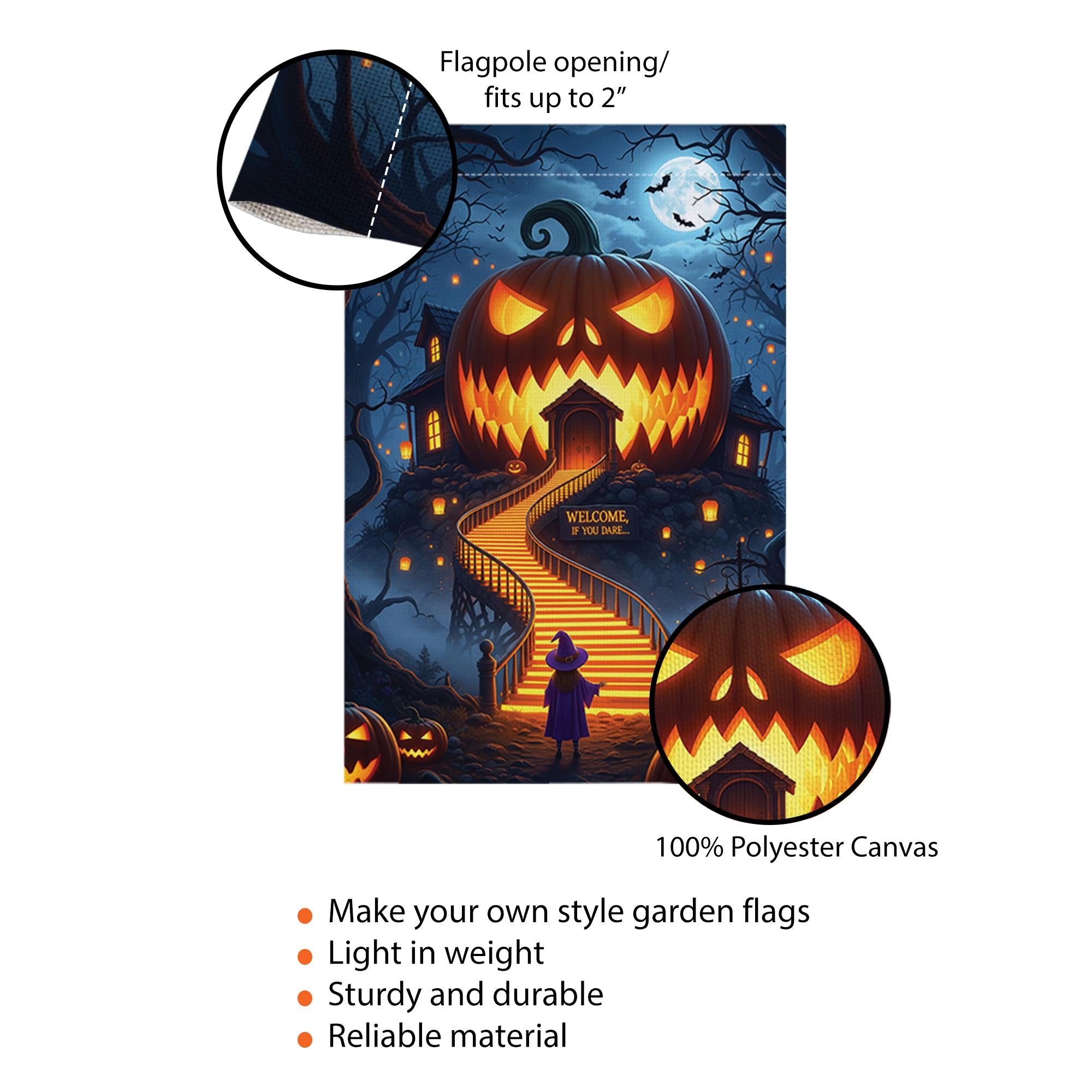 Scary Halloween Garden Flag – Haunted Pumpkin House Welcome Sign – Spooky Outdoor Yard Decor