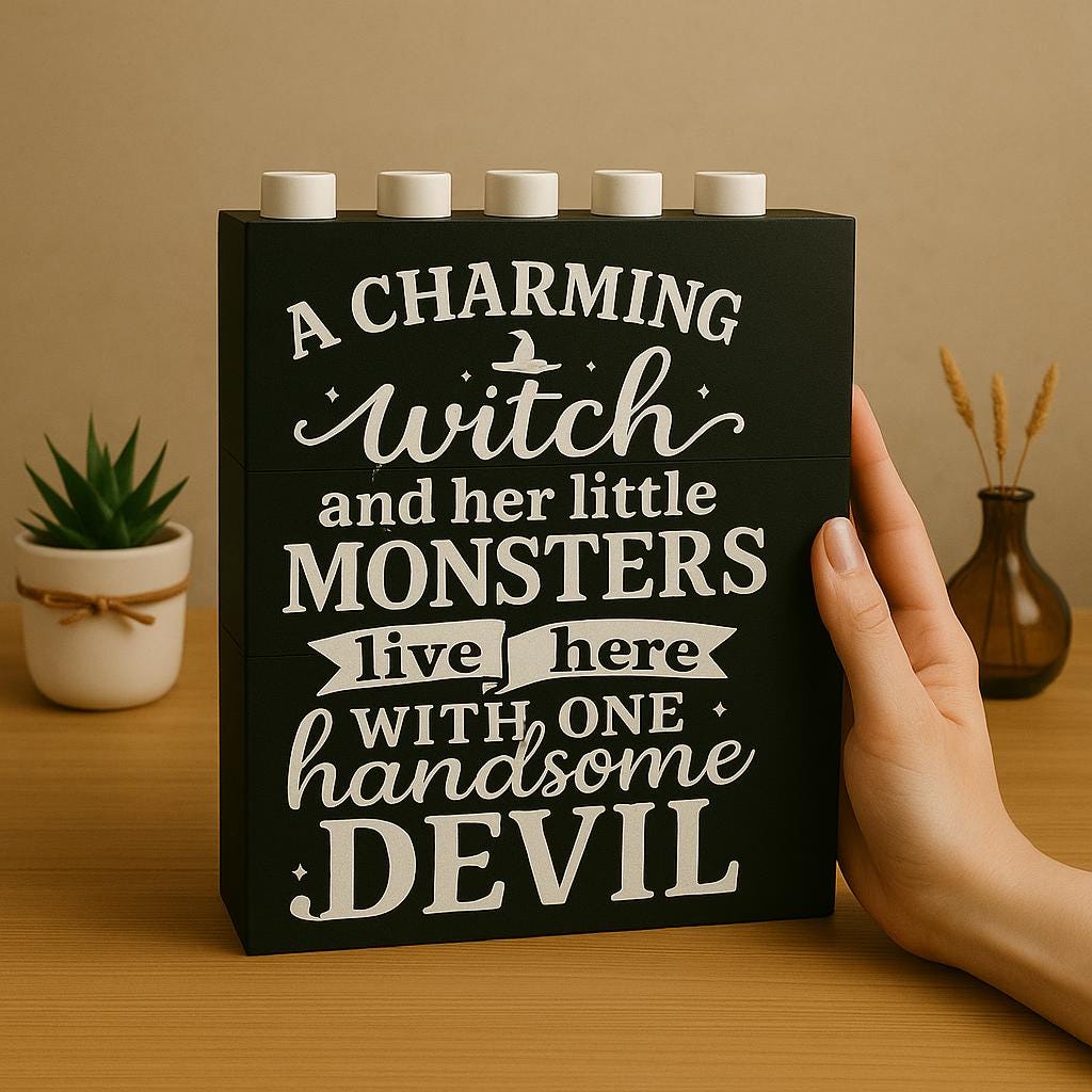 Charming Witch Halloween building Block Decor, Stacked Fall Sign with Quote, Funny Family Autumn Display, Spooky Season Table Accent