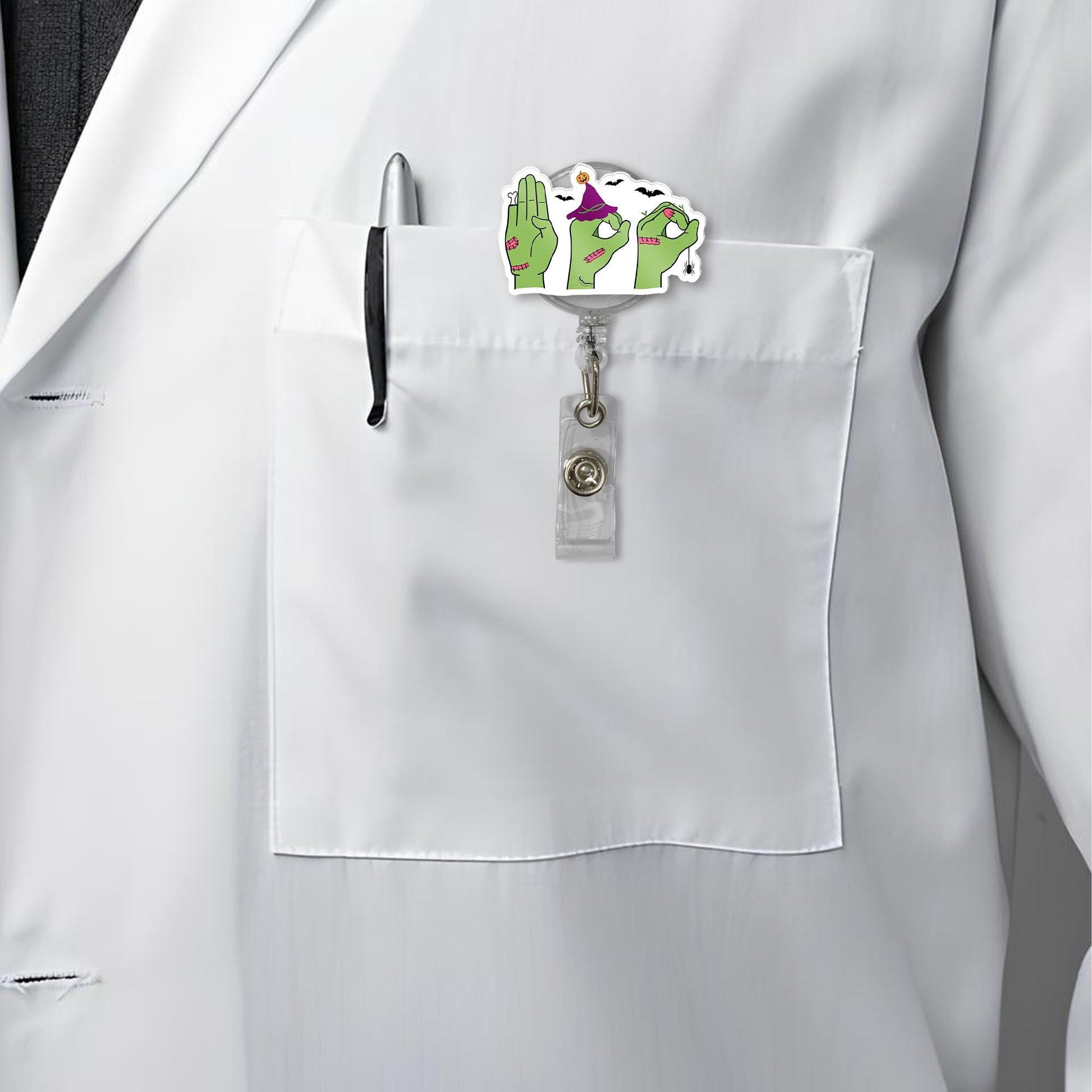 Halloween ASL Badge Reel - Zombie Hands Love Sign Retractable ID Holder, Cute Funny Spooky Nurse Badge for Fall Work Season