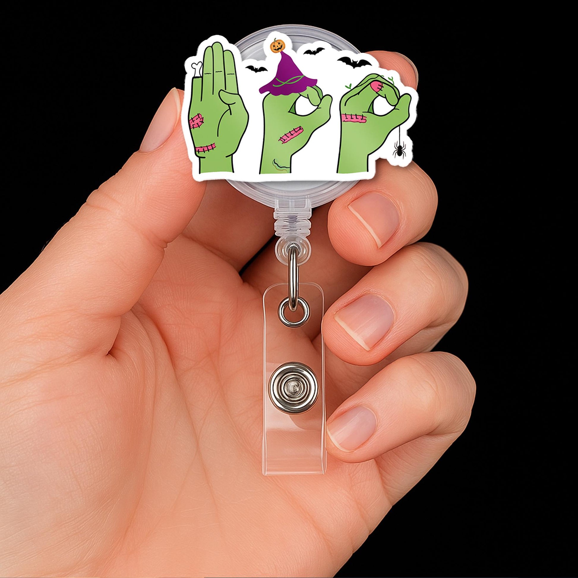 Halloween ASL Badge Reel - Zombie Hands Love Sign Retractable ID Holder, Cute Funny Spooky Nurse Badge for Fall Work Season