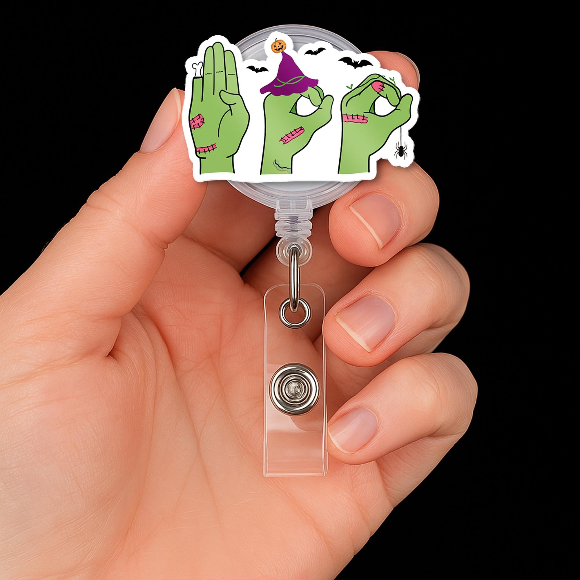 Halloween ASL Badge Reel - Zombie Hands Love Sign Retractable ID Holder, Cute Funny Spooky Nurse Badge for Fall Work Season