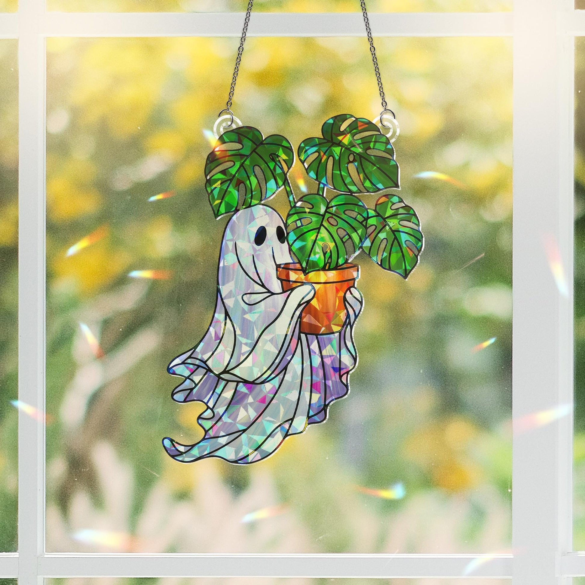 Ghost Plant Holographic Suncatcher, Cute Acrylic Monstera Window Decor, Boho Spooky Plant Lover Gift, Kawaii Ghost Sun Catcher