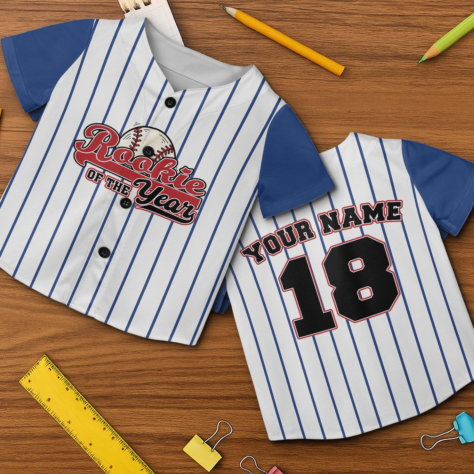 Personalized Baseball of The Year Baseball Jersey, Custom Name & Number Toddler Shirt, Kids Pinstripe Uniform, Birthday Baseball Gift