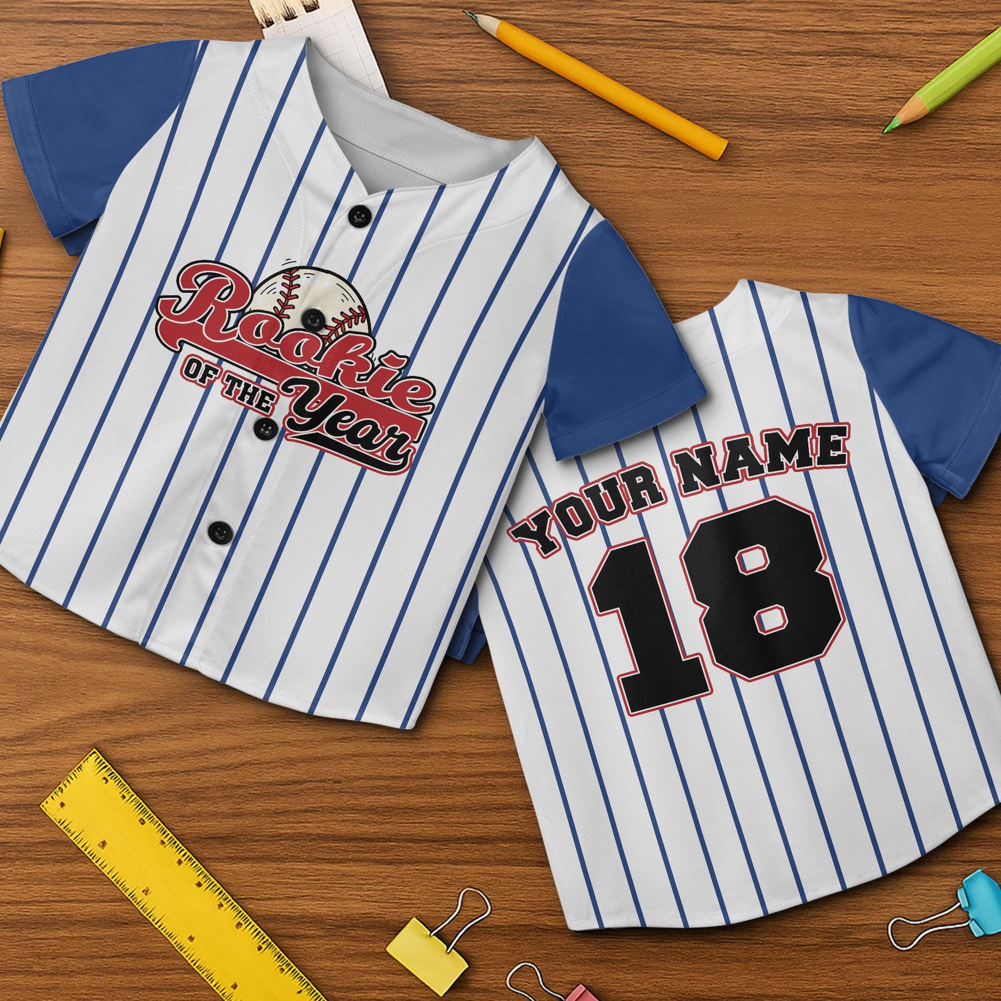 Personalized Baseball of The Year Baseball Jersey, Custom Name & Number Toddler Shirt, Kids Pinstripe Uniform, Birthday Baseball Gift