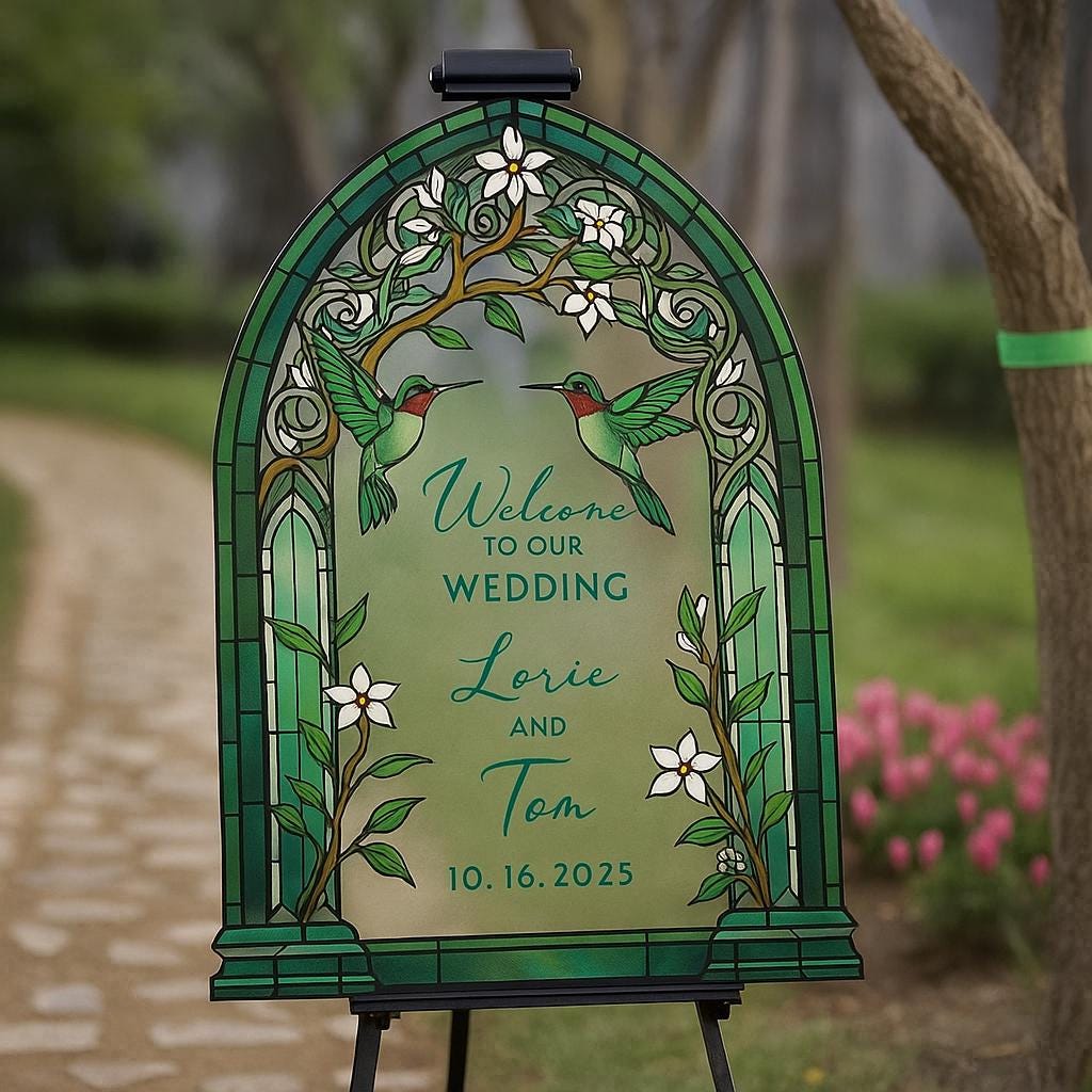 Custom Wedding Welcome Sign, Hummingbird Floral Arch Design, Personalized Outdoor Ceremony Decor for Bride & Groom