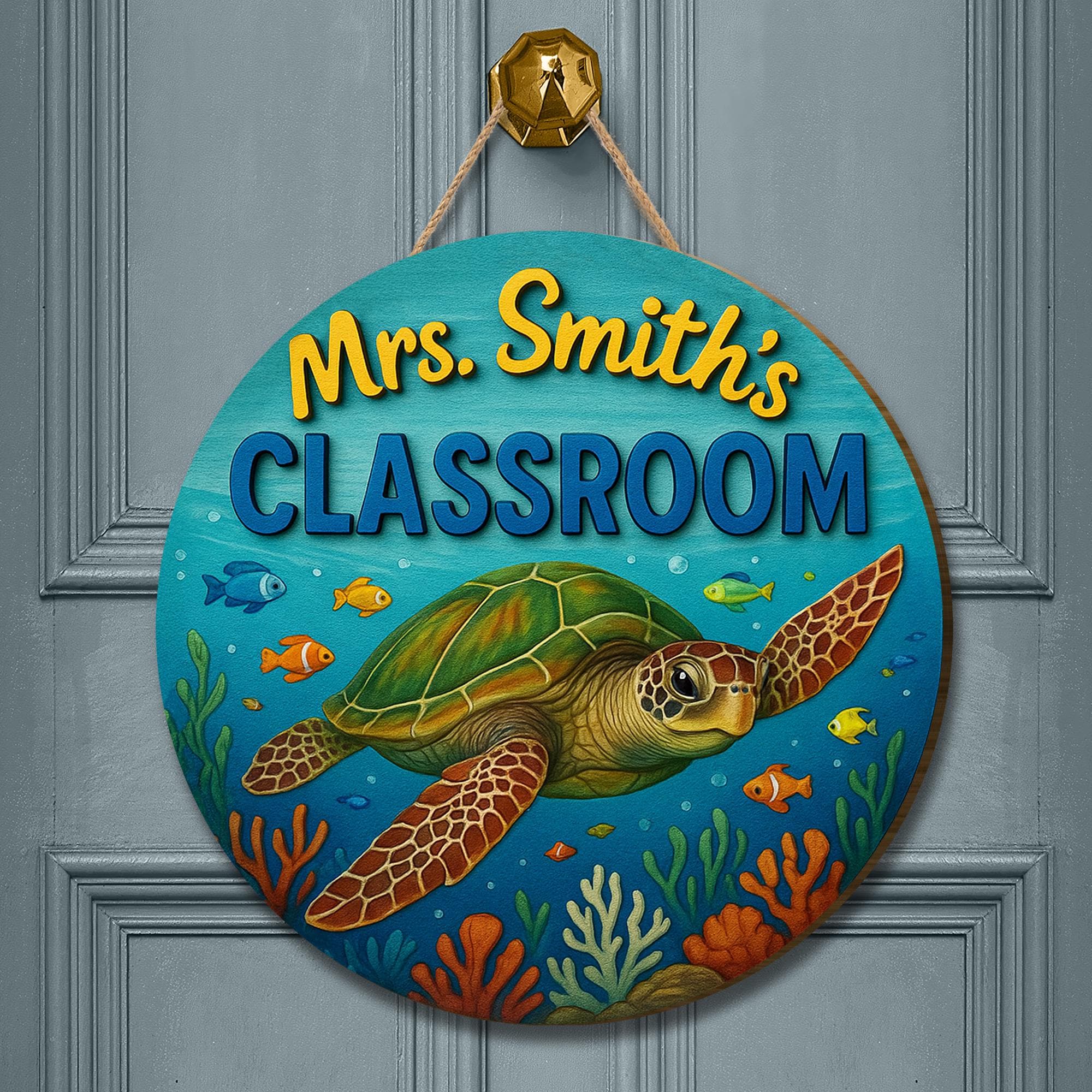 Custom Sea Turtle Classroom Sign, Ocean Theme Door Hanger, Teacher Name Sign, Back to School Decor, Personalized Wooden Sign,Classroom Decor