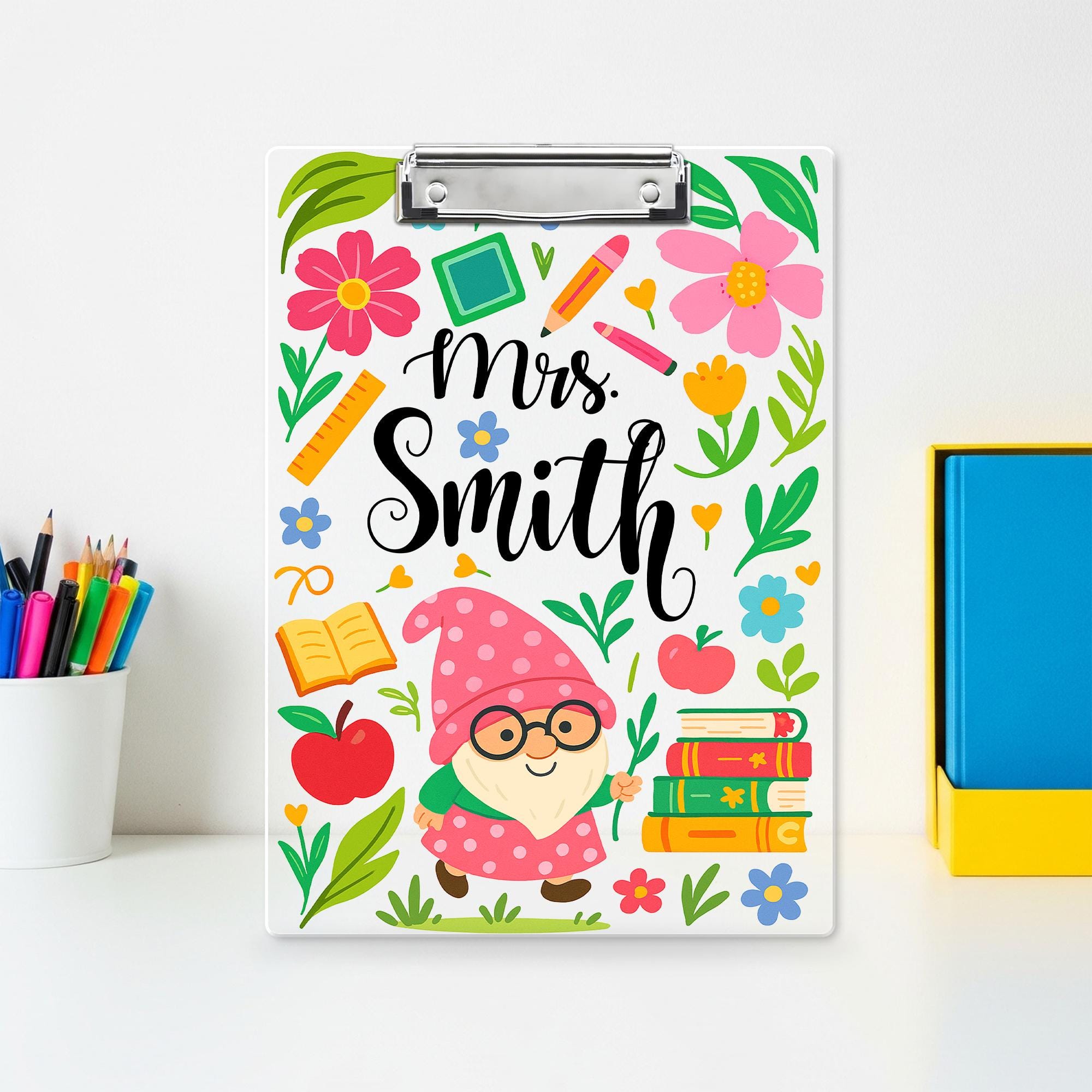 Personalized Teacher Clipboard – Cute Gnome & Floral Design with Custom Name, Fun Back to School Gift for Educators and Classroom Use