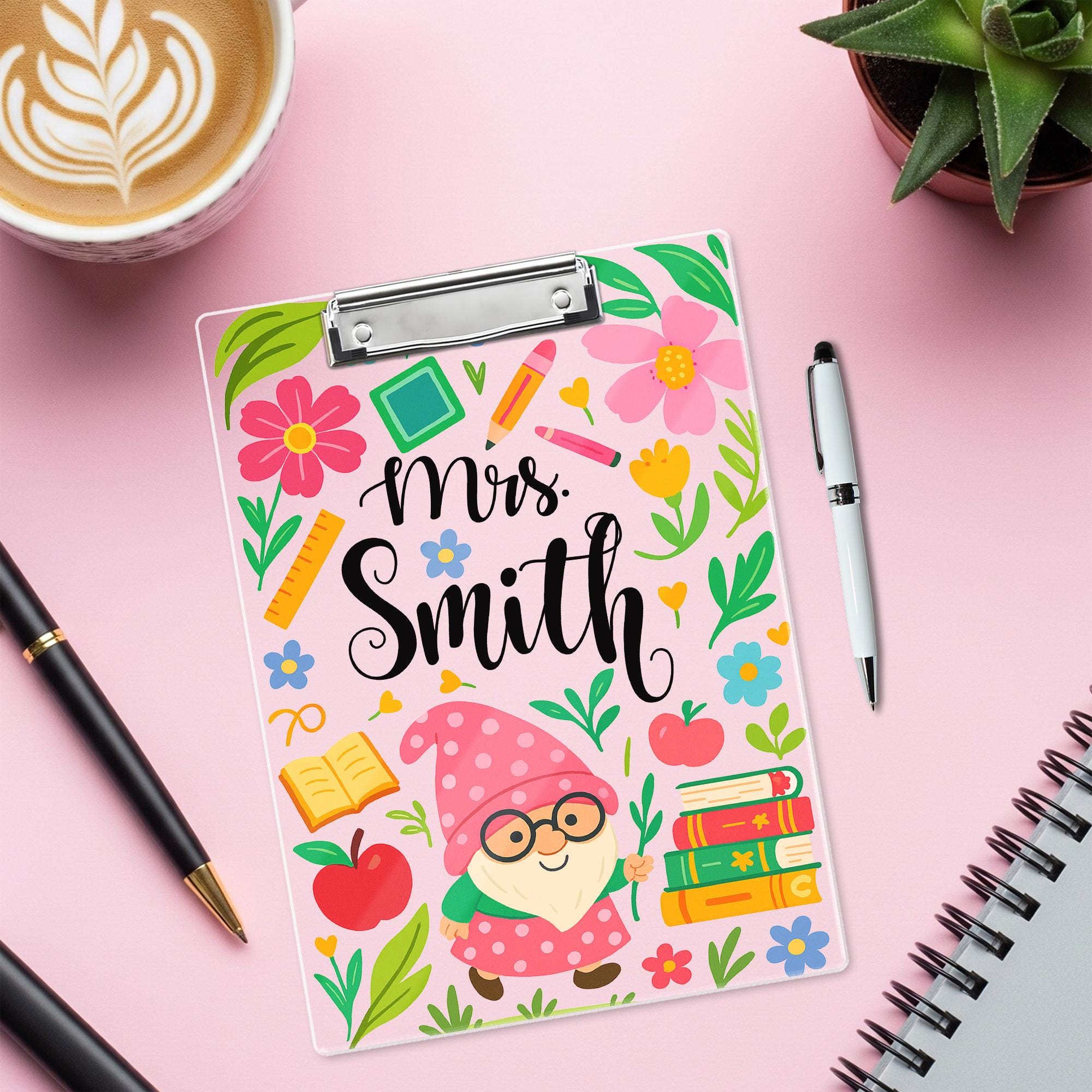 Personalized Teacher Clipboard – Cute Gnome & Floral Design with Custom Name, Fun Back to School Gift for Educators and Classroom Use