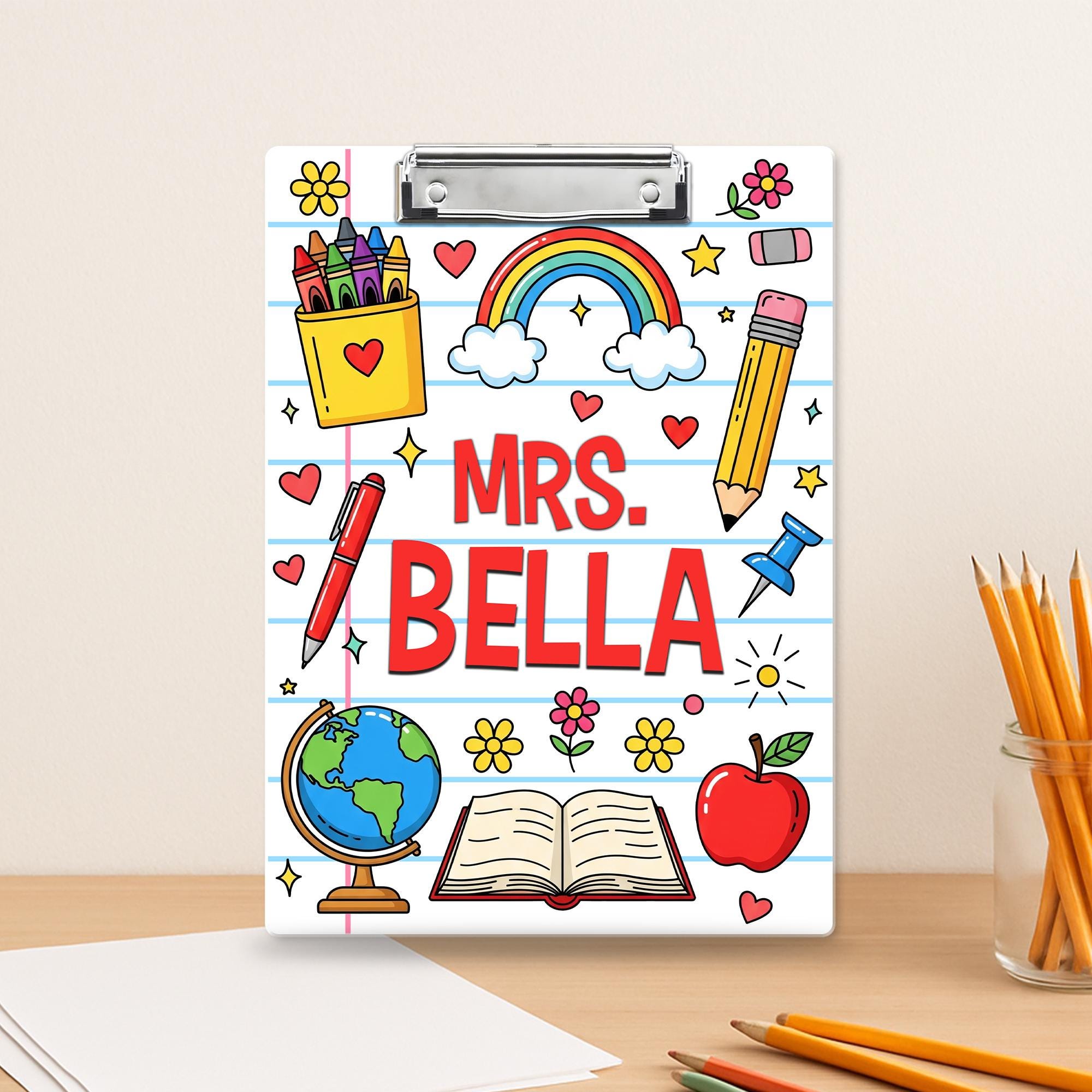 Personalized Teacher Clipboard – Colorful Doodle Design with Name, Rainbow, Apple & School Supplies, Fun Gift for Educators and Staff