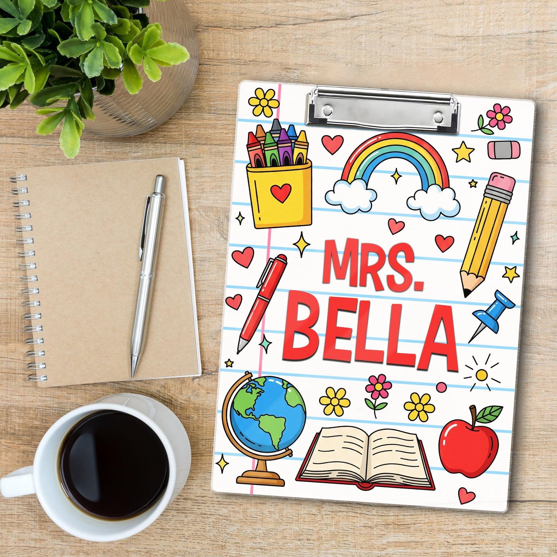 Personalized Teacher Clipboard – Colorful Doodle Design with Name, Rainbow, Apple & School Supplies, Fun Gift for Educators and Staff