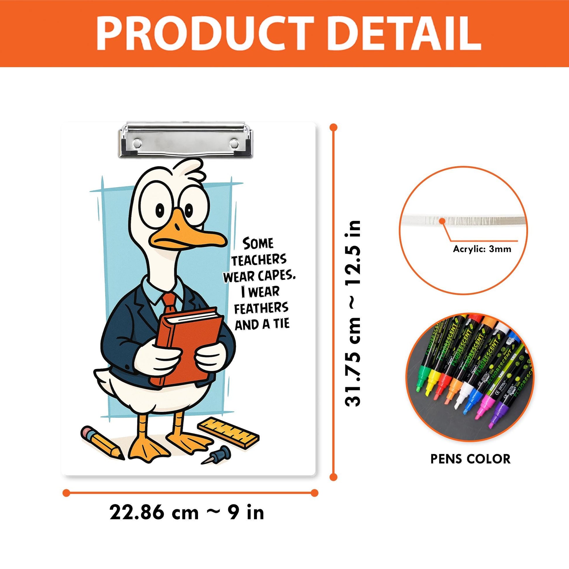 Funny Teacher Clipboard – Goose in Suit with “Some Teachers Wear Capes, I Wear Feathers and a Tie” Quote, Gift for Educators and Staff
