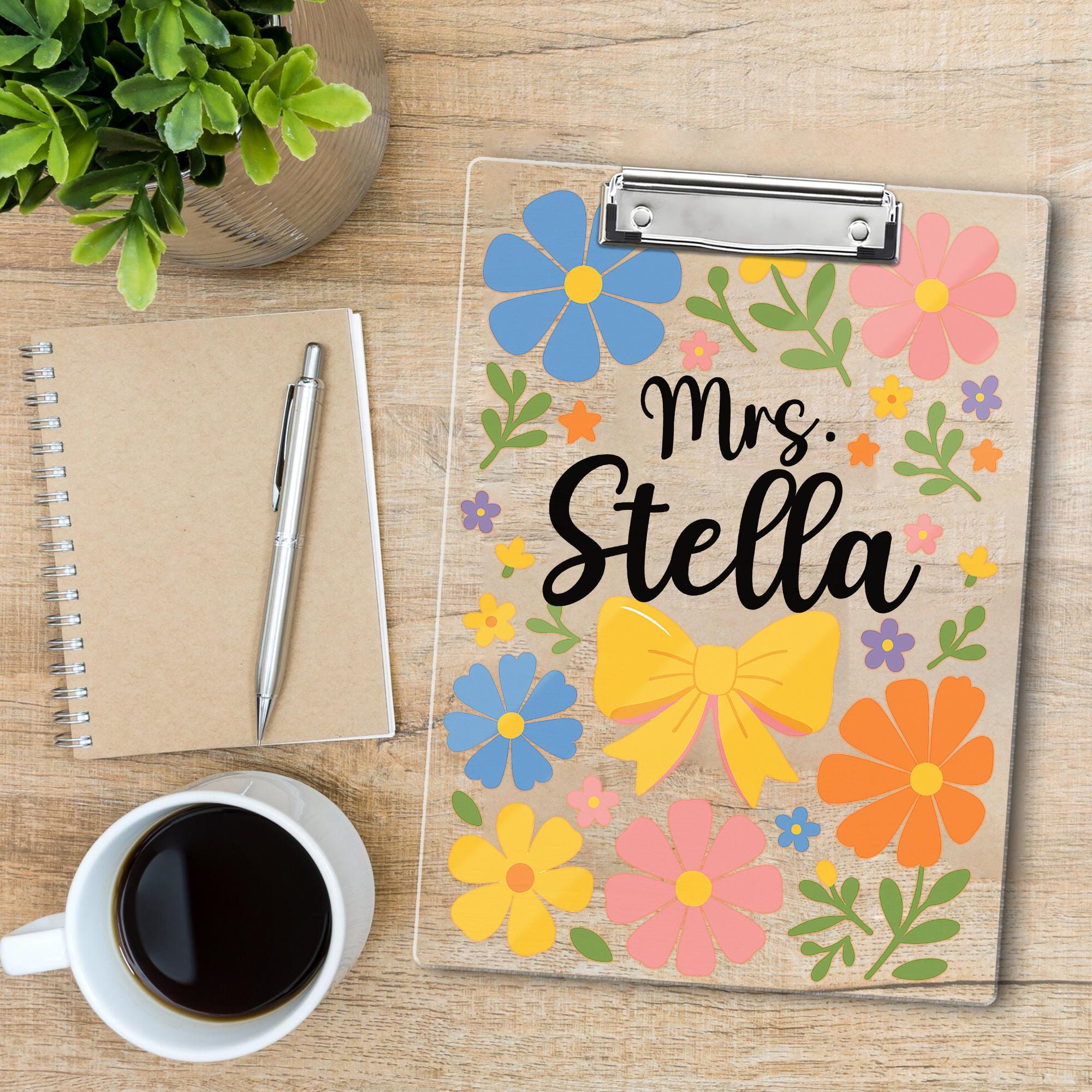 Personalized Teacher Clipboard – Floral Design with Yellow Bow and Custom Name, Cute Rustic Gift for Educators, Staff, or Classroom Use