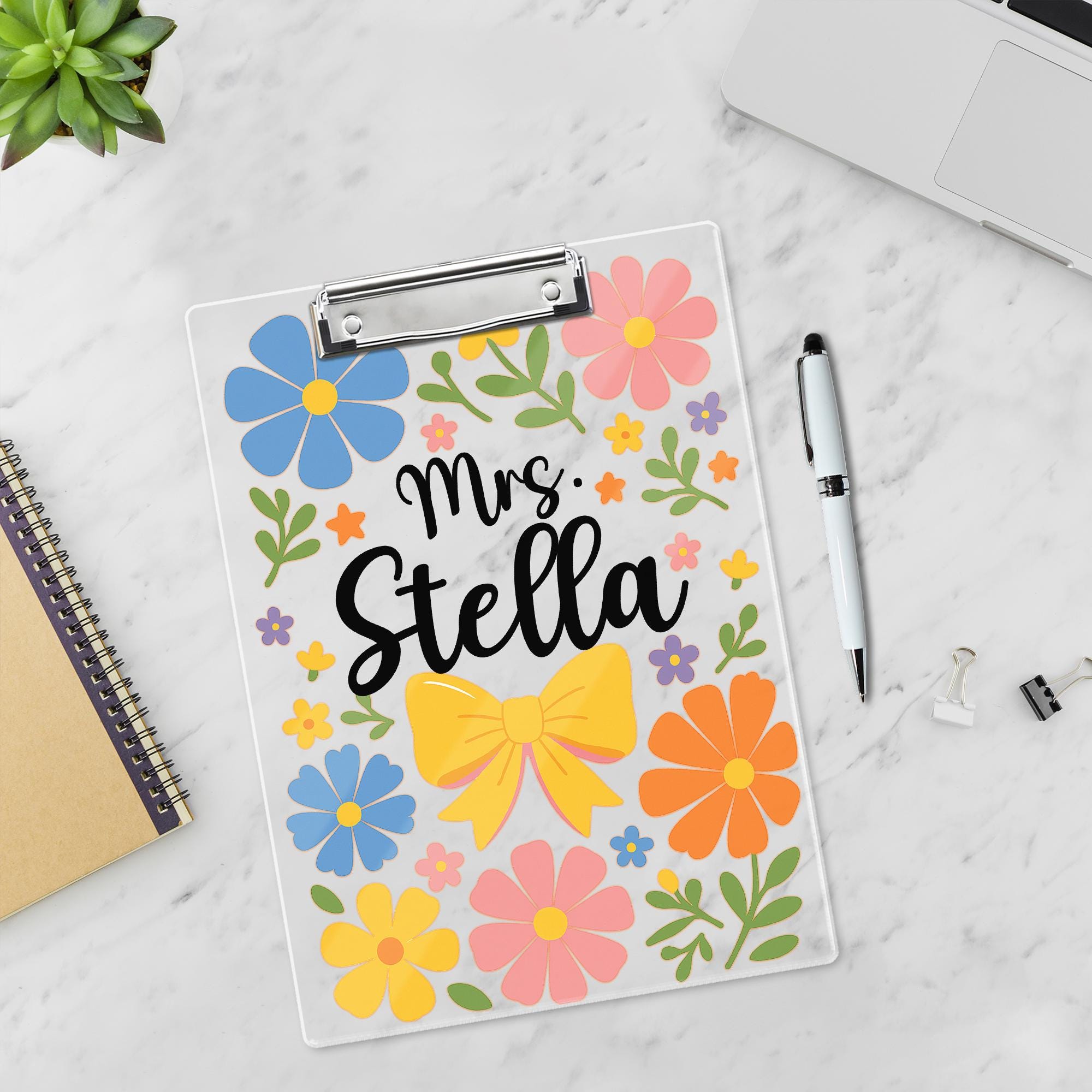 Personalized Teacher Clipboard – Floral Design with Yellow Bow and Custom Name, Cute Rustic Gift for Educators, Staff, or Classroom Use