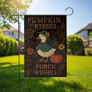 Pumpkin Kisses Porch Wishes Garden Flag, Cute Fall silly goose Yard Decor, Autumn Outdoor Sign for Porch, Rustic Halloween Accent