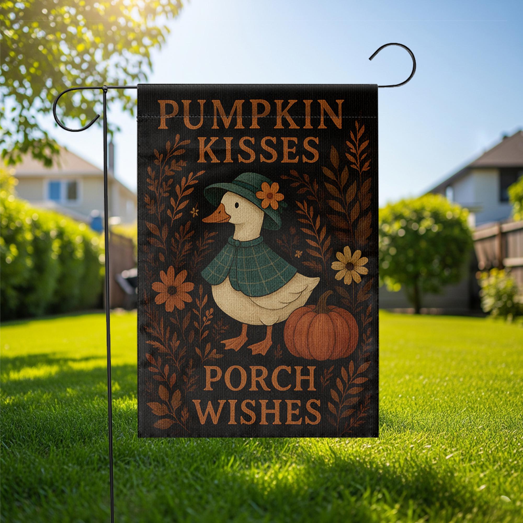 Pumpkin Kisses Porch Wishes Garden Flag, Cute Fall silly goose Yard Decor, Autumn Outdoor Sign for Porch, Rustic Halloween Accent