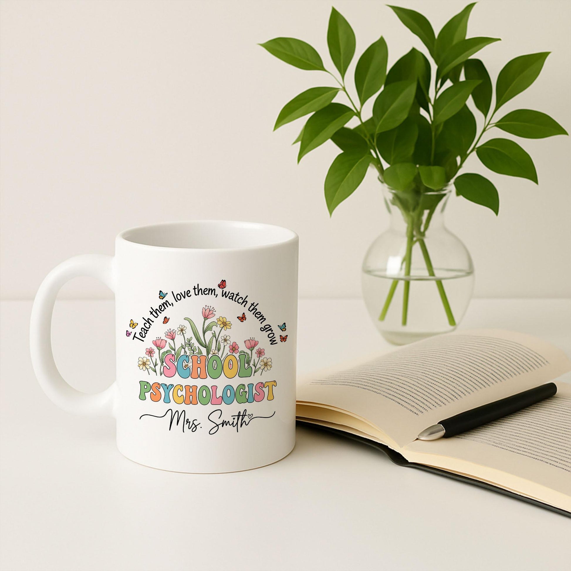 Personalized School Psychologist Mug, Teacher Mug Gift, Accent Coffee Cup, Mental Health Staff Mug, Floral School Mug, Custom Name Cup