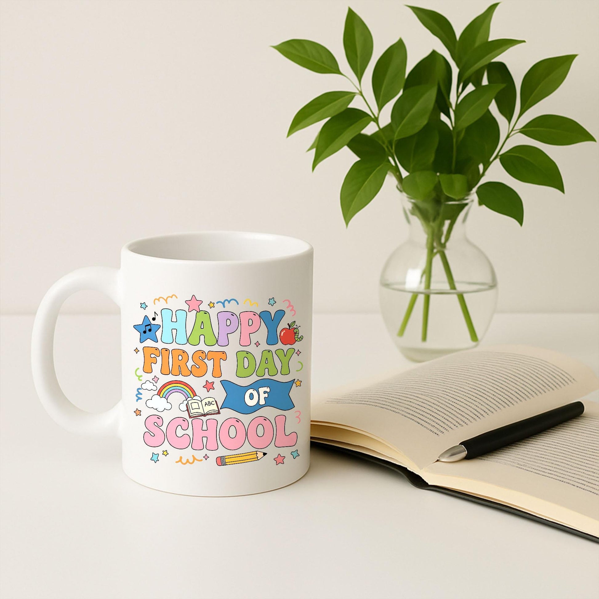 Happy First Day of School Mug, Back to School Teacher Gift, Cute Rainbow Coffee Cup, Classroom Decor, Kindergarten Teacher Mug