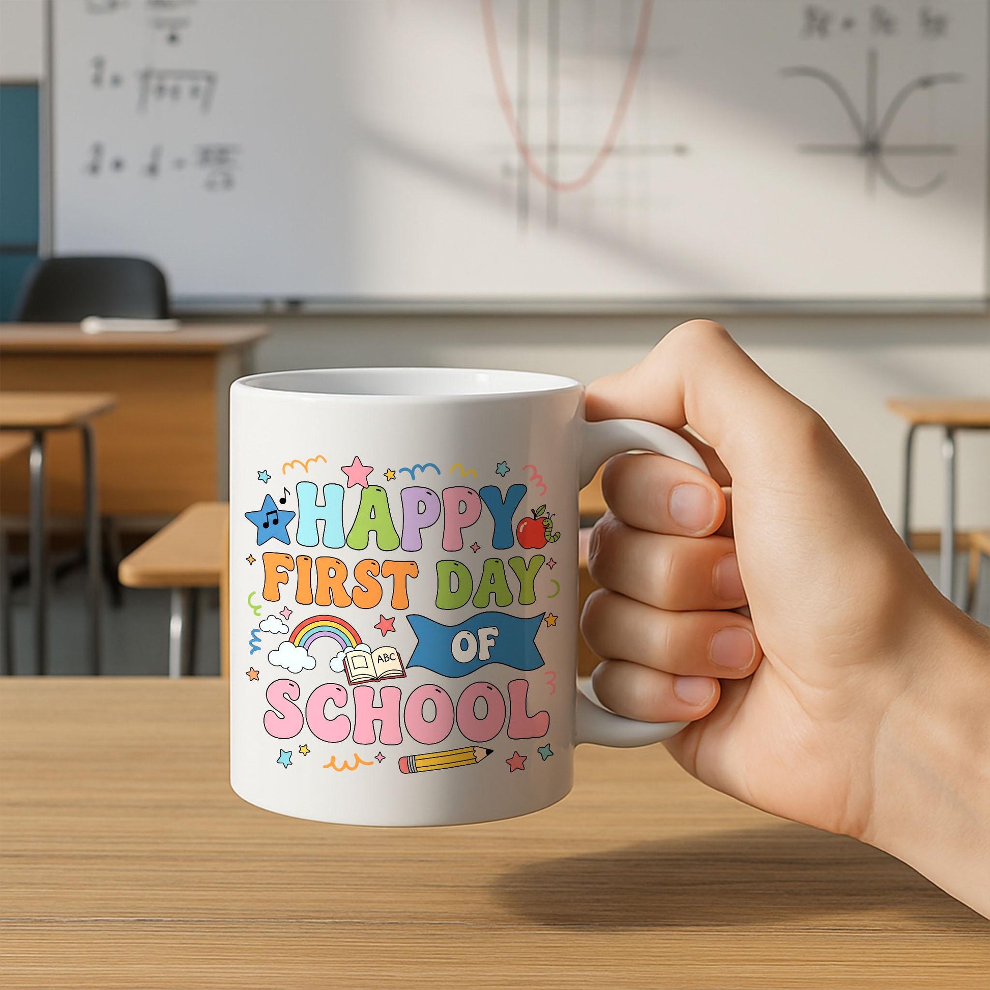 Happy First Day of School Mug, Back to School Teacher Gift, Cute Rainbow Coffee Cup, Classroom Decor, Kindergarten Teacher Mug
