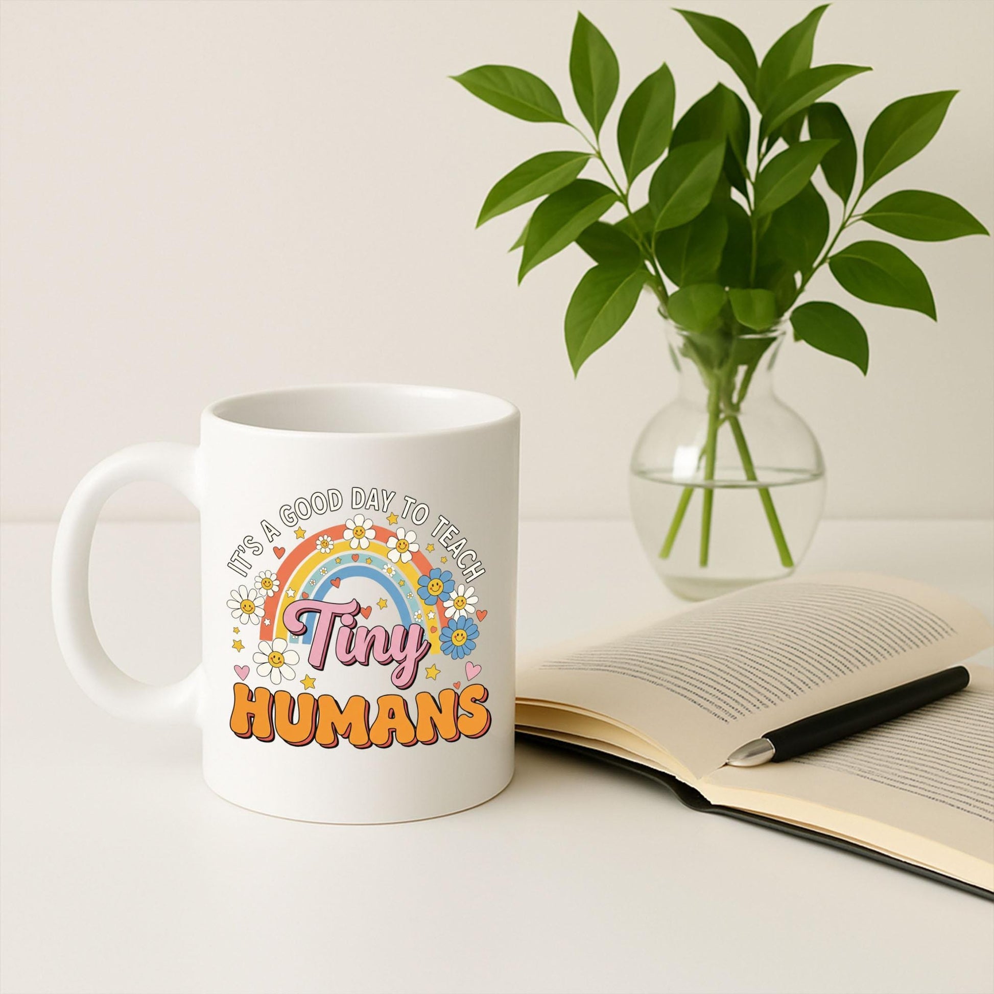 Cute Tiny Humans Mug, Teacher Mug for Preschool, Rainbow Floral Coffee Cup, Kindergarten Teacher Gift, Fun Teaching Mug, Daycare Cup