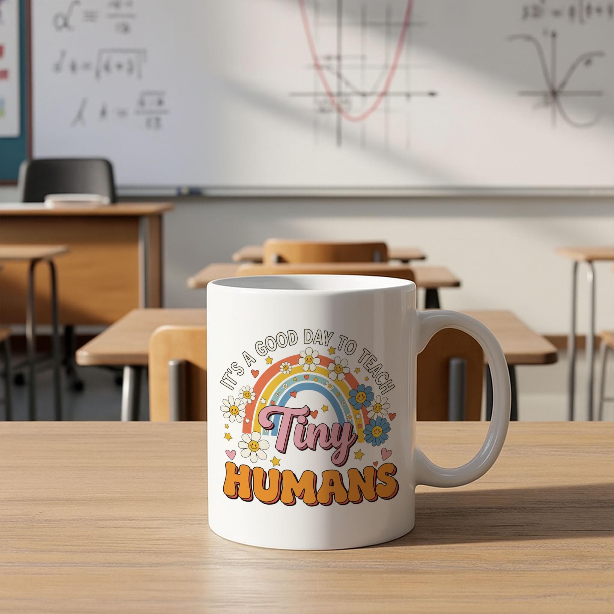 Cute Tiny Humans Mug, Teacher Mug for Preschool, Rainbow Floral Coffee Cup, Kindergarten Teacher Gift, Fun Teaching Mug, Daycare Cup