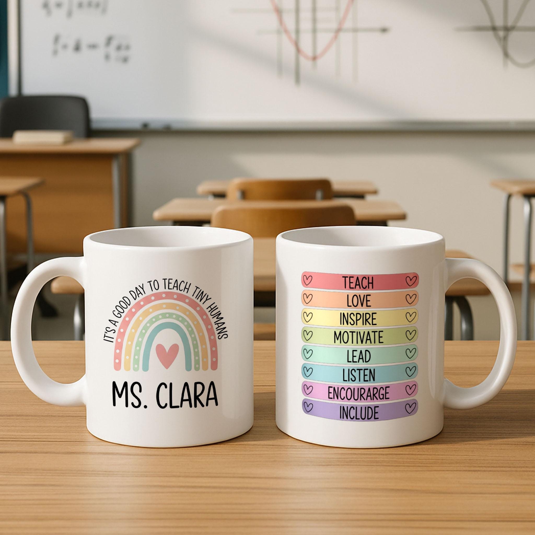 Personalized Teacher Mug, Teach Tiny Humans Rainbow Mug, Motivational Coffee Cup, Custom Name Teacher Gift, Back to School Mug