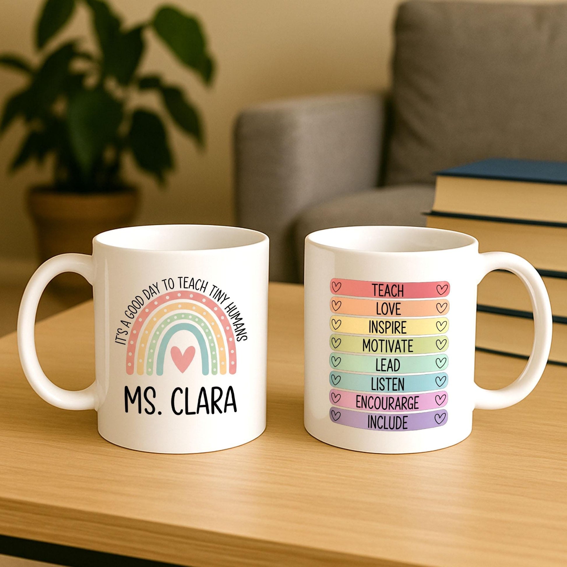 Personalized Teacher Mug, Teach Tiny Humans Rainbow Mug, Motivational Coffee Cup, Custom Name Teacher Gift, Back to School Mug