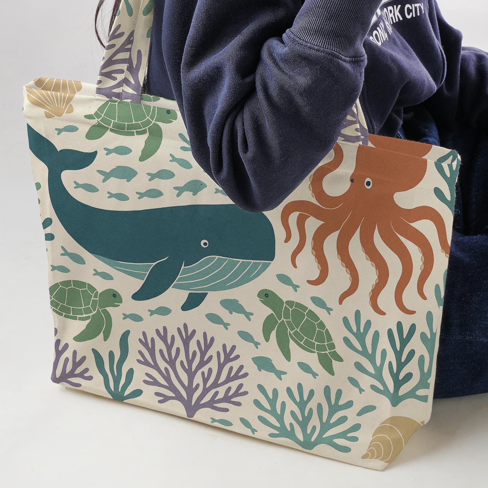 Ocean Animals Summer Tote Bag – Beach Vibes Whale, Turtle & Octopus Bag, Cute Coastal Sea Life Canvas for Travel, Pool, or Shopping