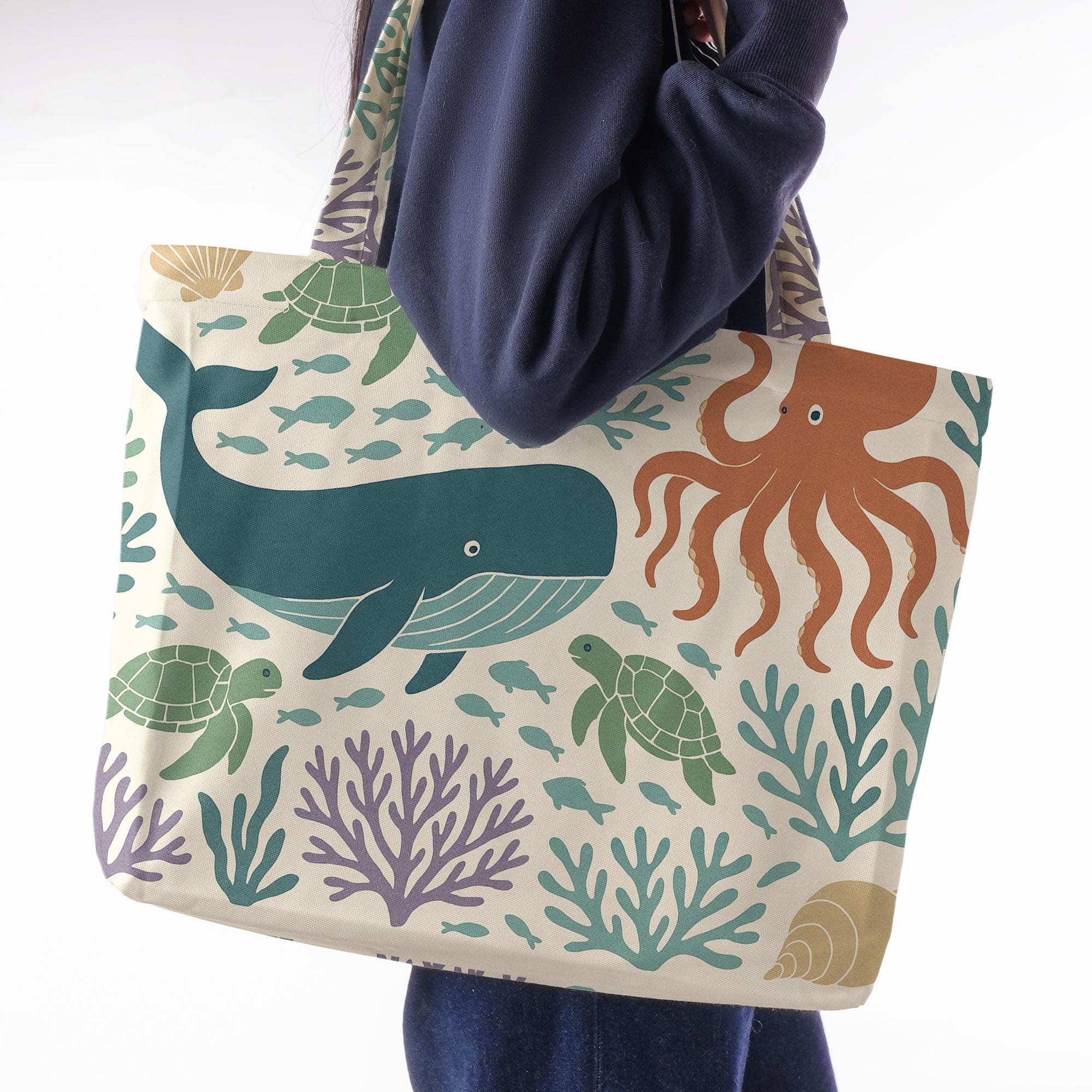 Ocean Animals Summer Tote Bag – Beach Vibes Whale, Turtle & Octopus Bag, Cute Coastal Sea Life Canvas for Travel, Pool, or Shopping
