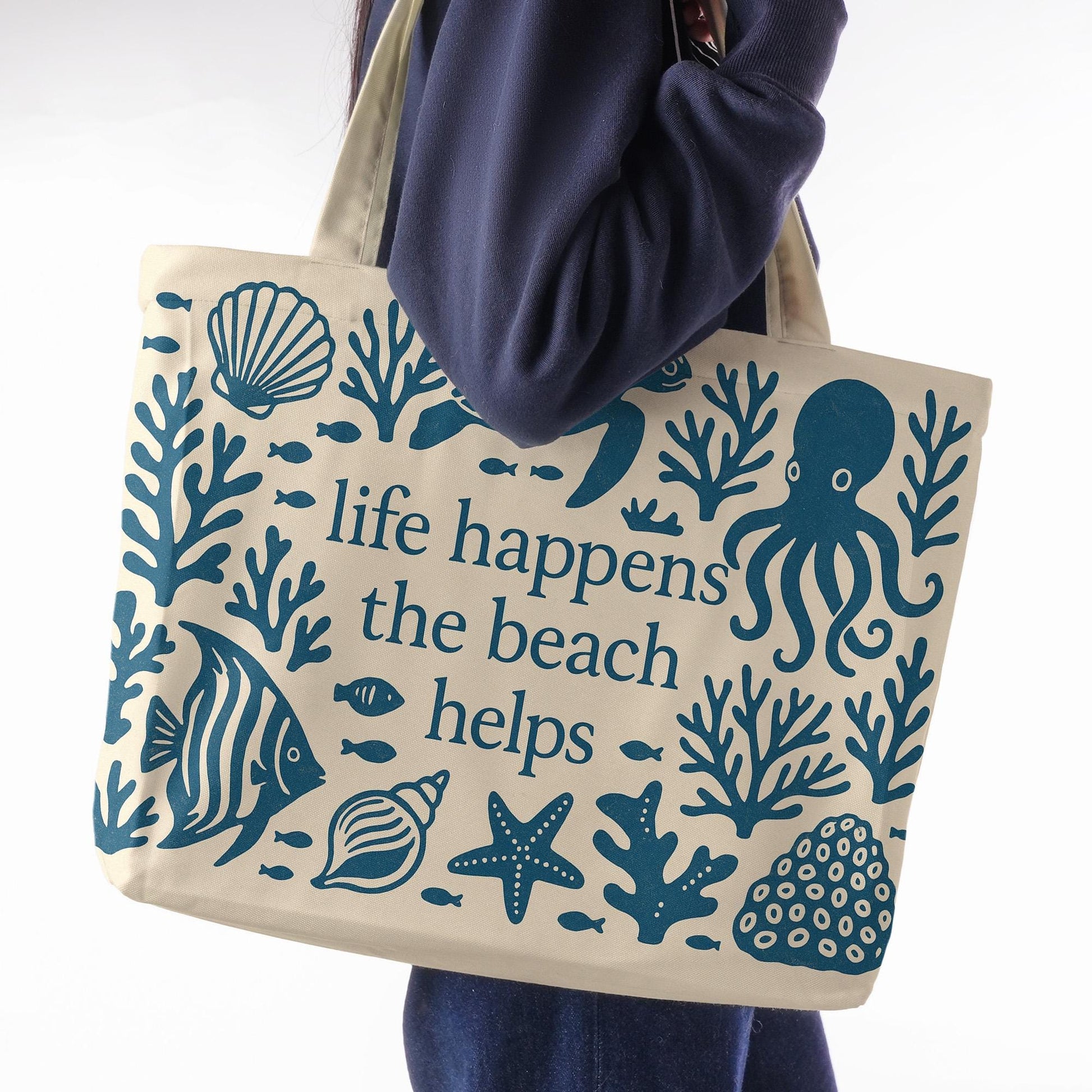 Life Happens the Beach Helps Tote – Coastal Canvas Bag with Sea Creatures, Nautical Summer Beach Bag for Ocean Lovers & Vacation Days