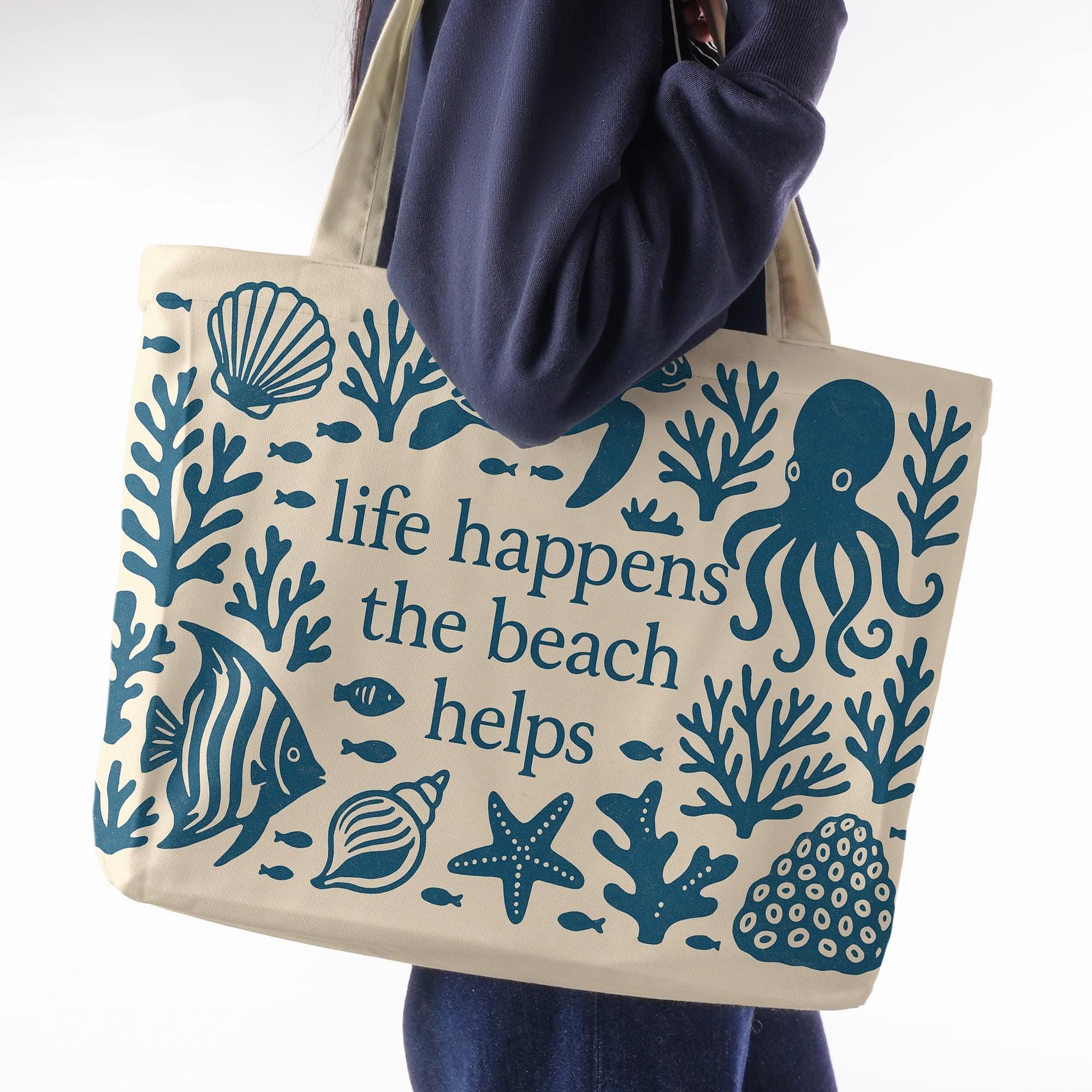 Life Happens the Beach Helps Tote – Coastal Canvas Bag with Sea Creatures, Nautical Summer Beach Bag for Ocean Lovers & Vacation Days