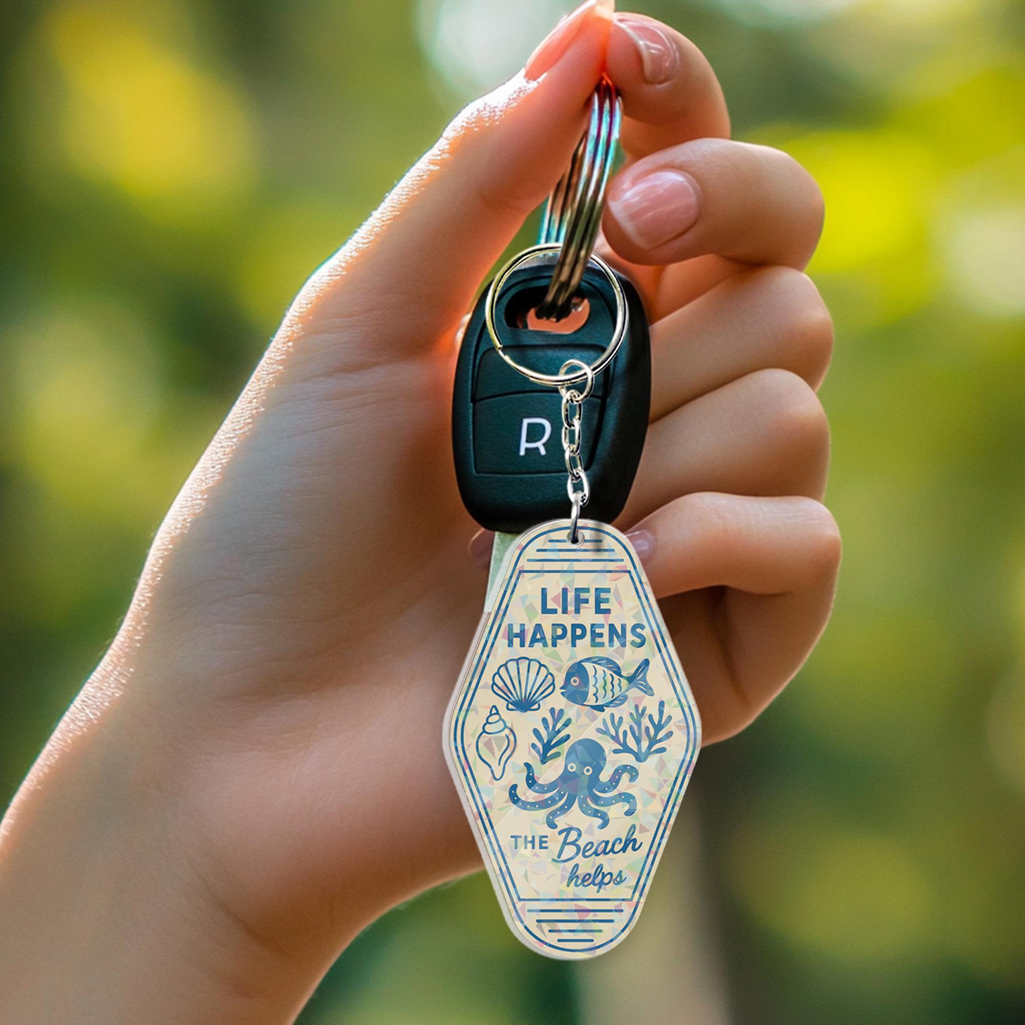 Life Happens the Beach Helps Holographic Keychain – Retro Motel Tag Style, Ocean Lover Summer Gift, Coastal Travel Bag Charm