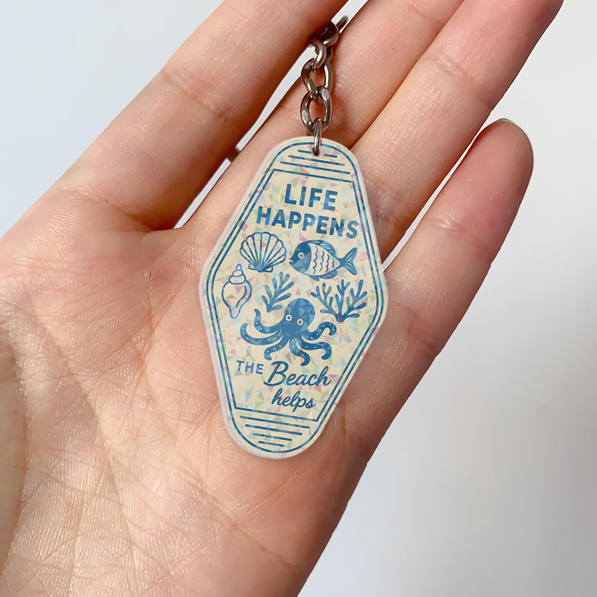 Life Happens the Beach Helps Holographic Keychain – Retro Motel Tag Style, Ocean Lover Summer Gift, Coastal Travel Bag Charm