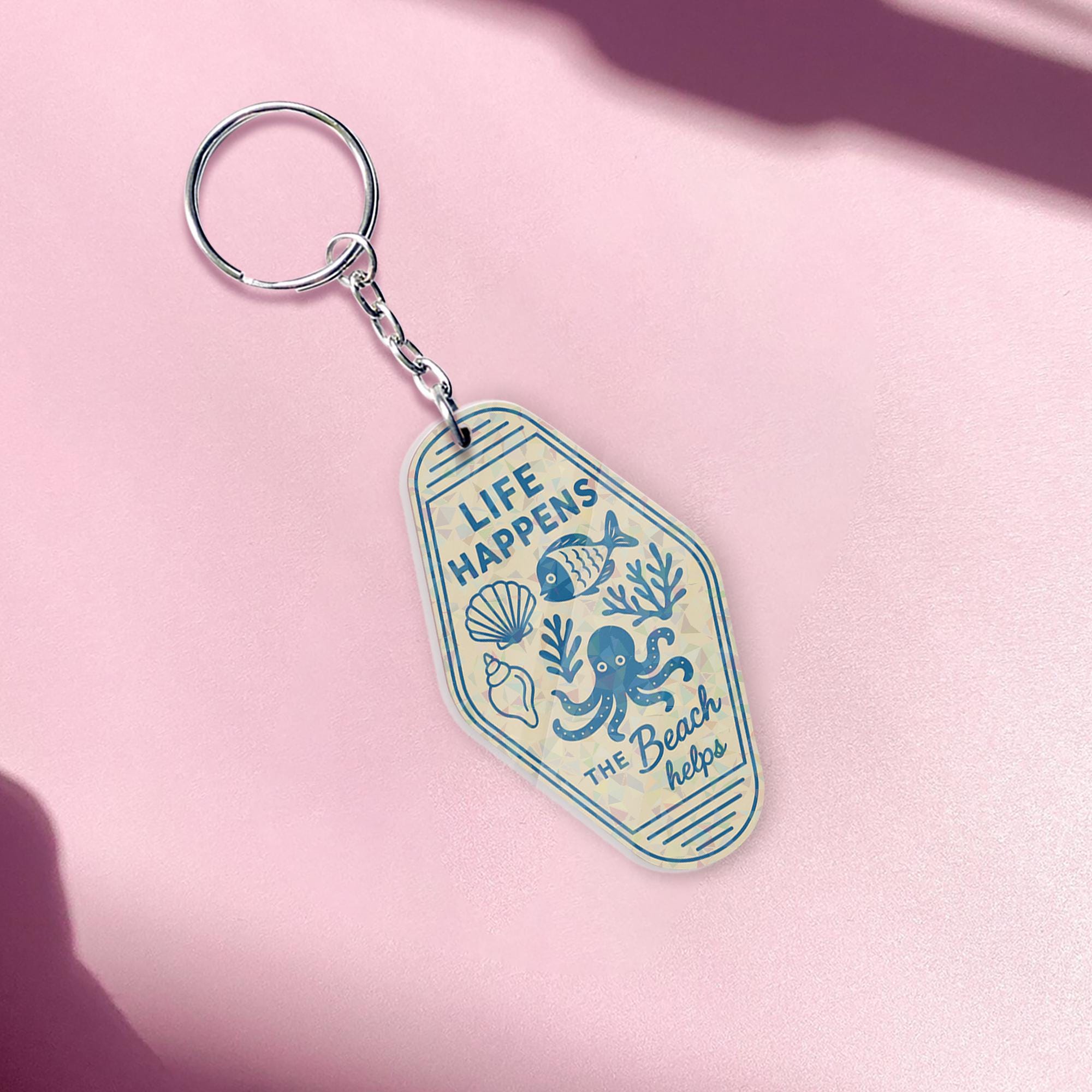 Life Happens the Beach Helps Holographic Keychain – Retro Motel Tag Style, Ocean Lover Summer Gift, Coastal Travel Bag Charm