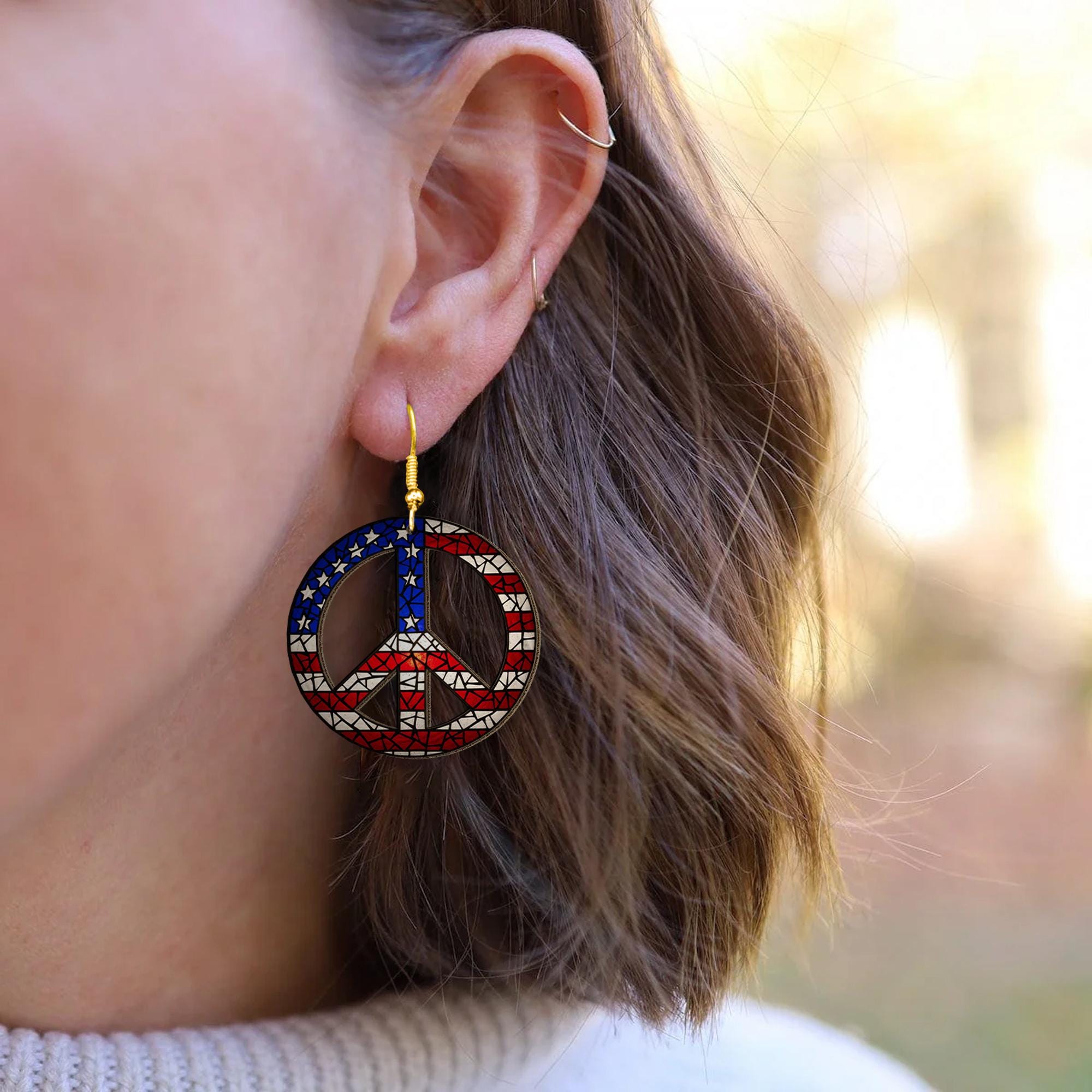 Patriotic Peace Earrings, USA Flag Jewelry, Red White Blue Dangle, 4th of July Earrings, American Hippie Style Gift for Her