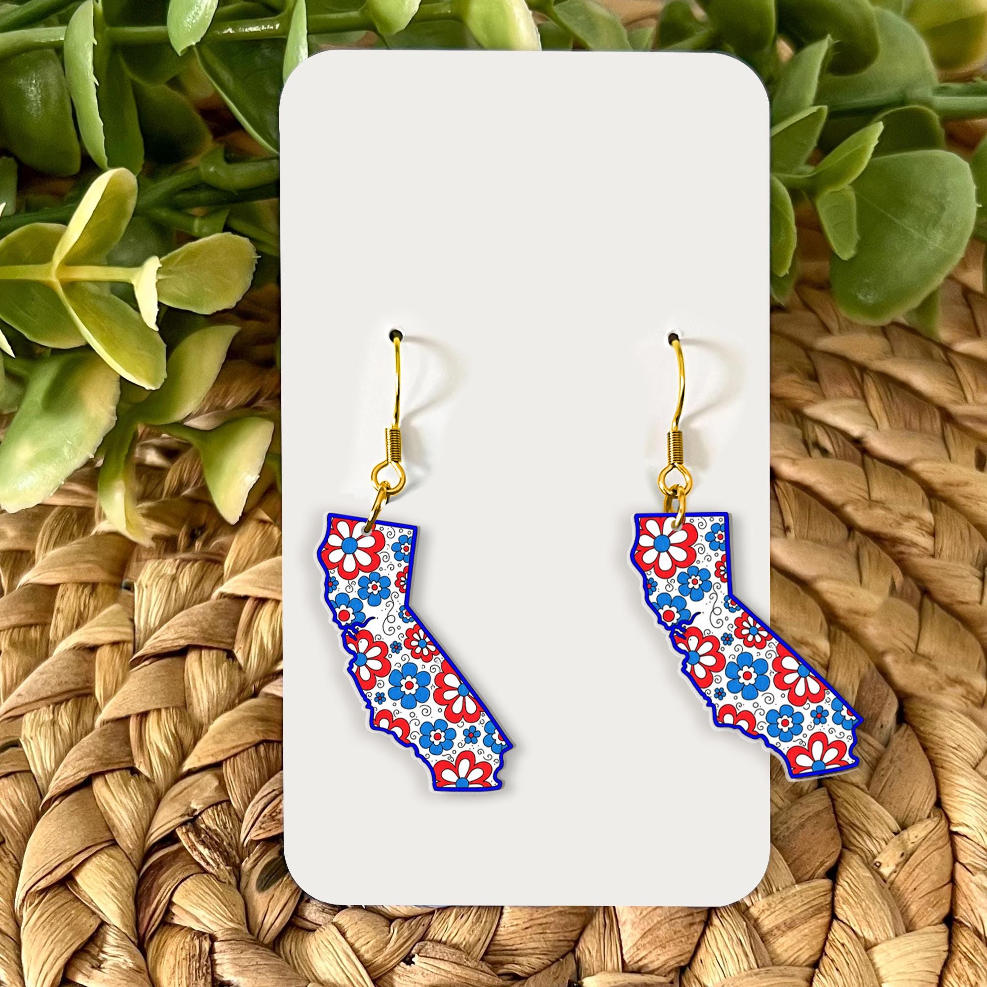 California State Earrings, Patriotic Floral Jewelry, Red White Blue Dangle, USA Summer Gift, 4th of July State Pride Earrings