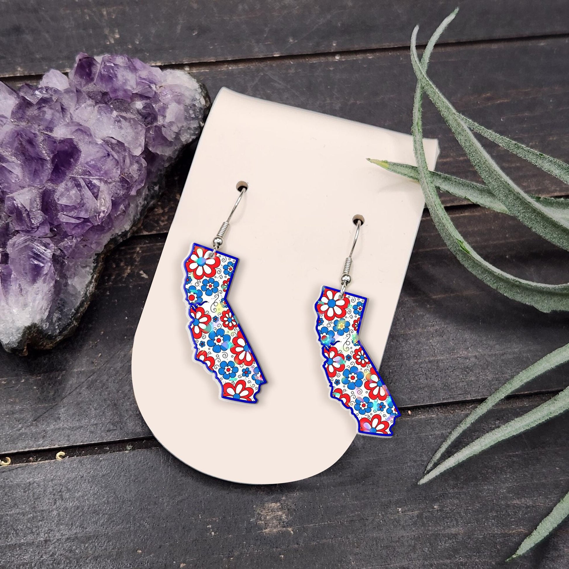 California State Earrings, Patriotic Floral Jewelry, Red White Blue Dangle, USA Summer Gift, 4th of July State Pride Earrings