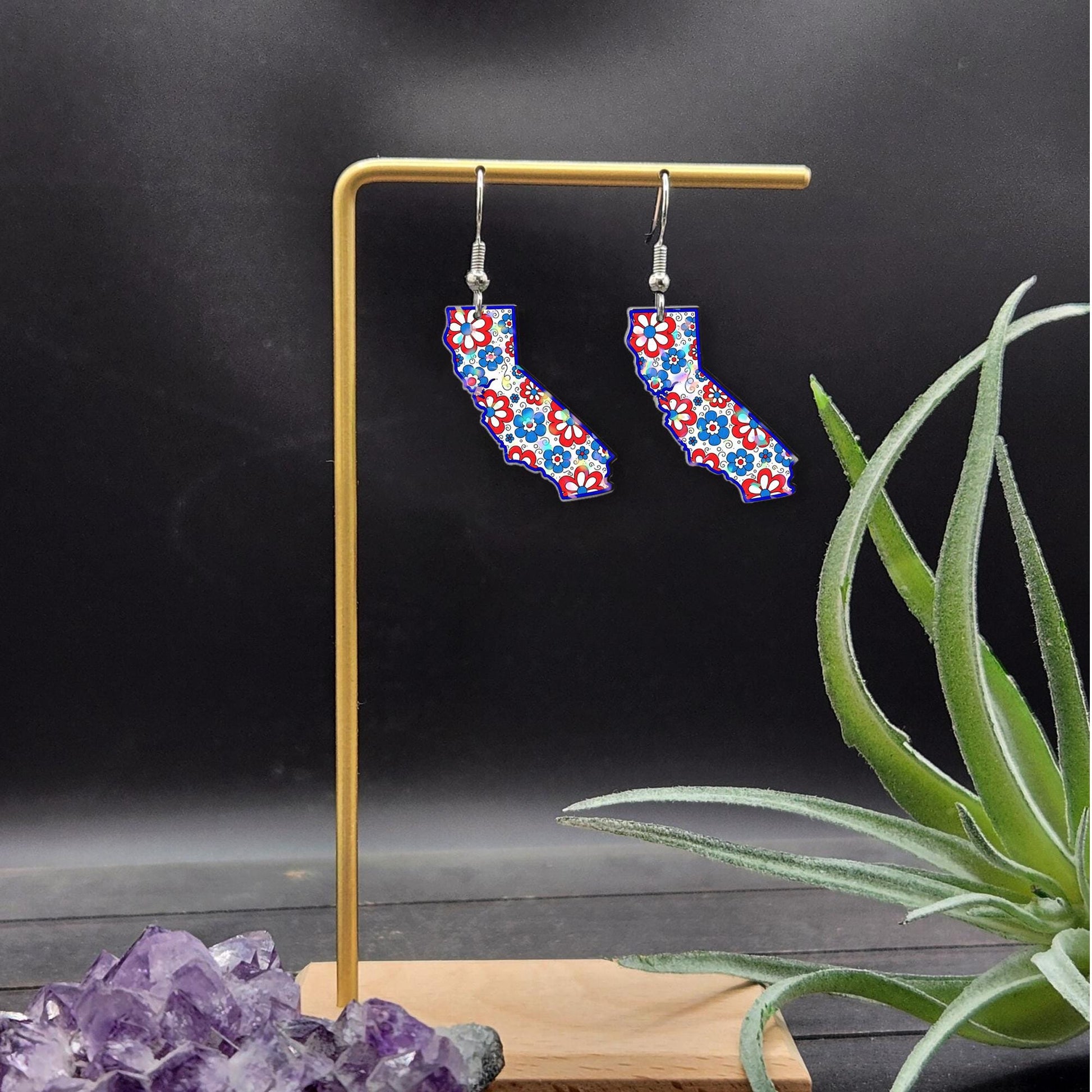 California State Earrings, Patriotic Floral Jewelry, Red White Blue Dangle, USA Summer Gift, 4th of July State Pride Earrings