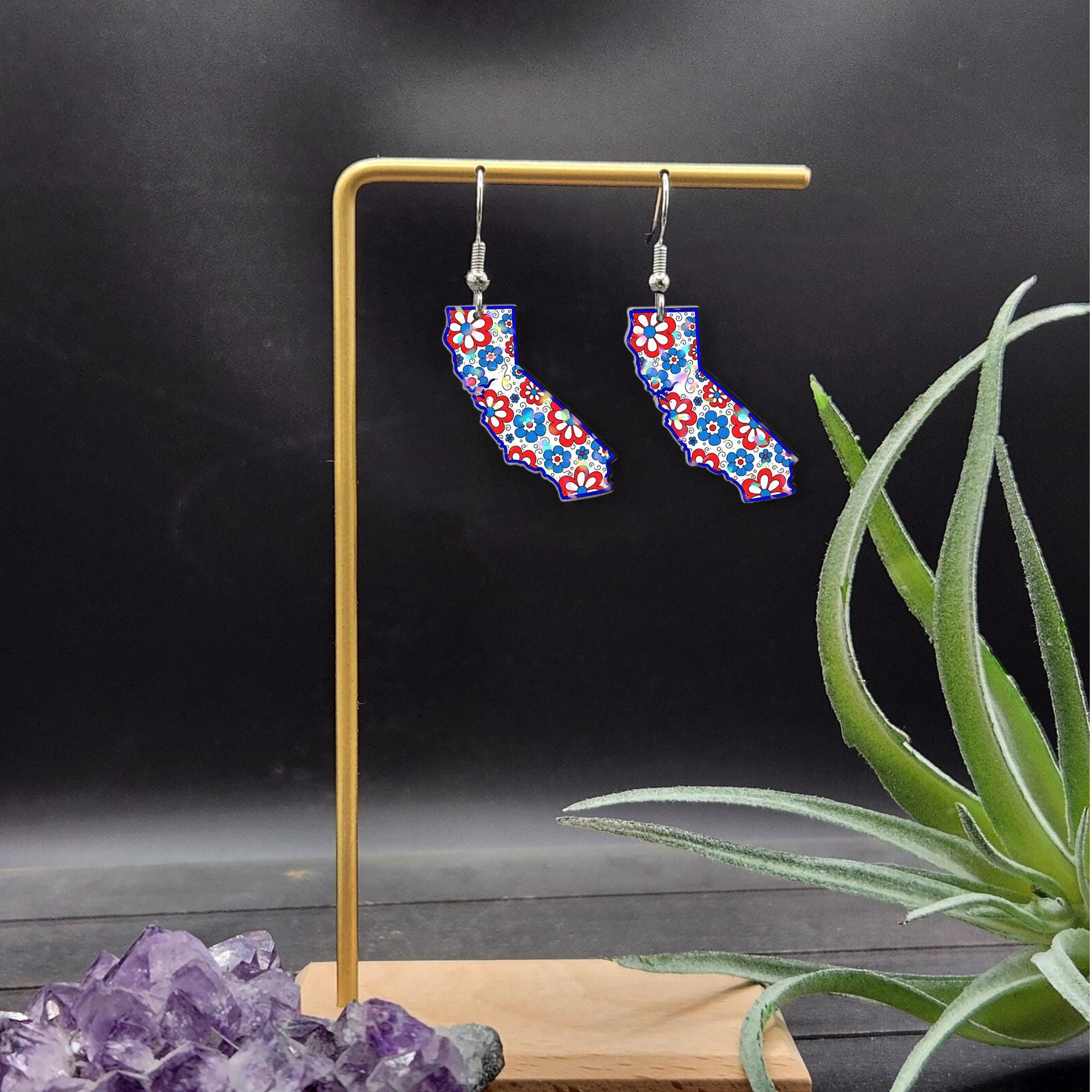 California State Earrings, Patriotic Floral Jewelry, Red White Blue Dangle, USA Summer Gift, 4th of July State Pride Earrings