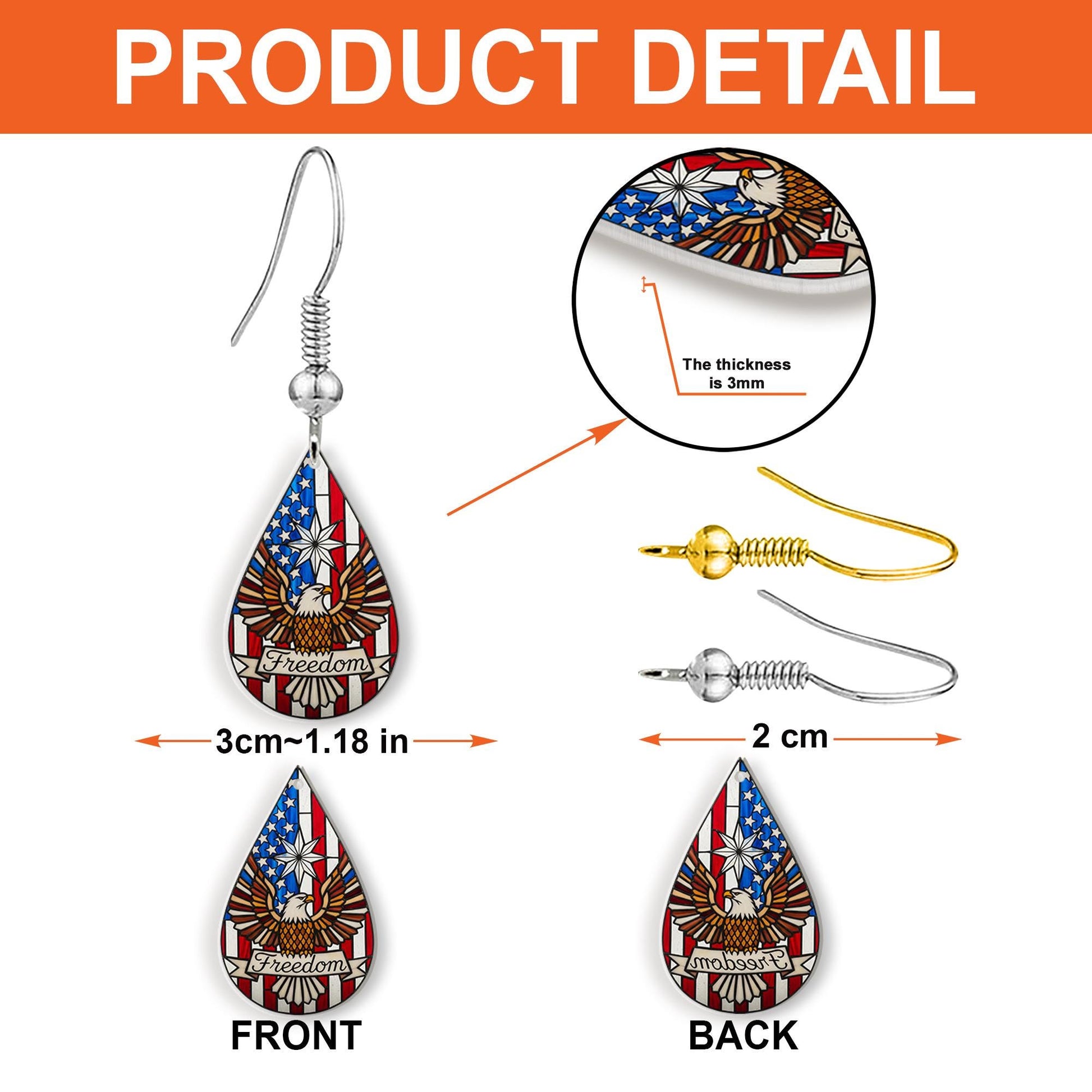 Freedom Eagle Earrings, Patriotic Teardrop Jewelry, USA Flag Dangle, 4th of July Accessories, American Pride Gift for Her