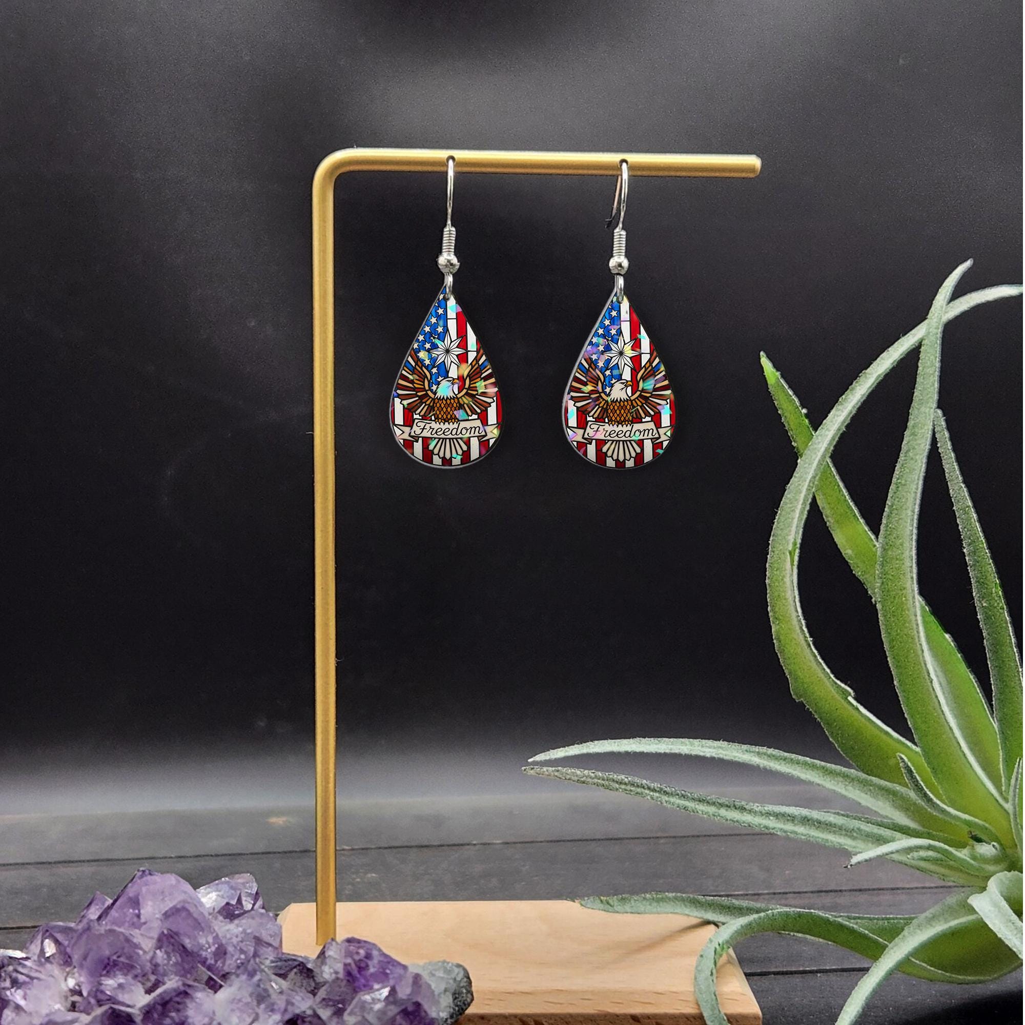 Freedom Eagle Earrings, Patriotic Teardrop Jewelry, USA Flag Dangle, 4th of July Accessories, American Pride Gift for Her